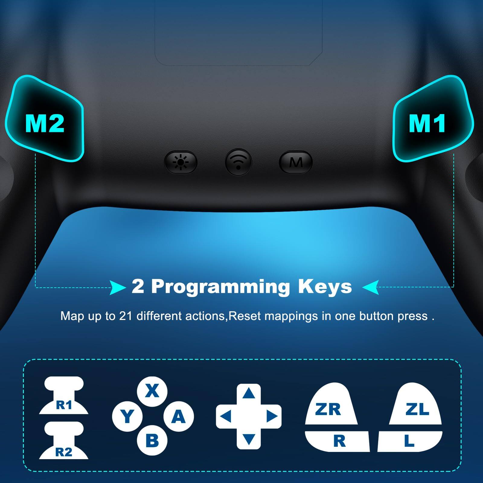 M2 M1  
2 Programming Keys  
Map up to 21 different actions, Reset mappings in one button press.  
R1 R2 Y X A ZR R ZL L