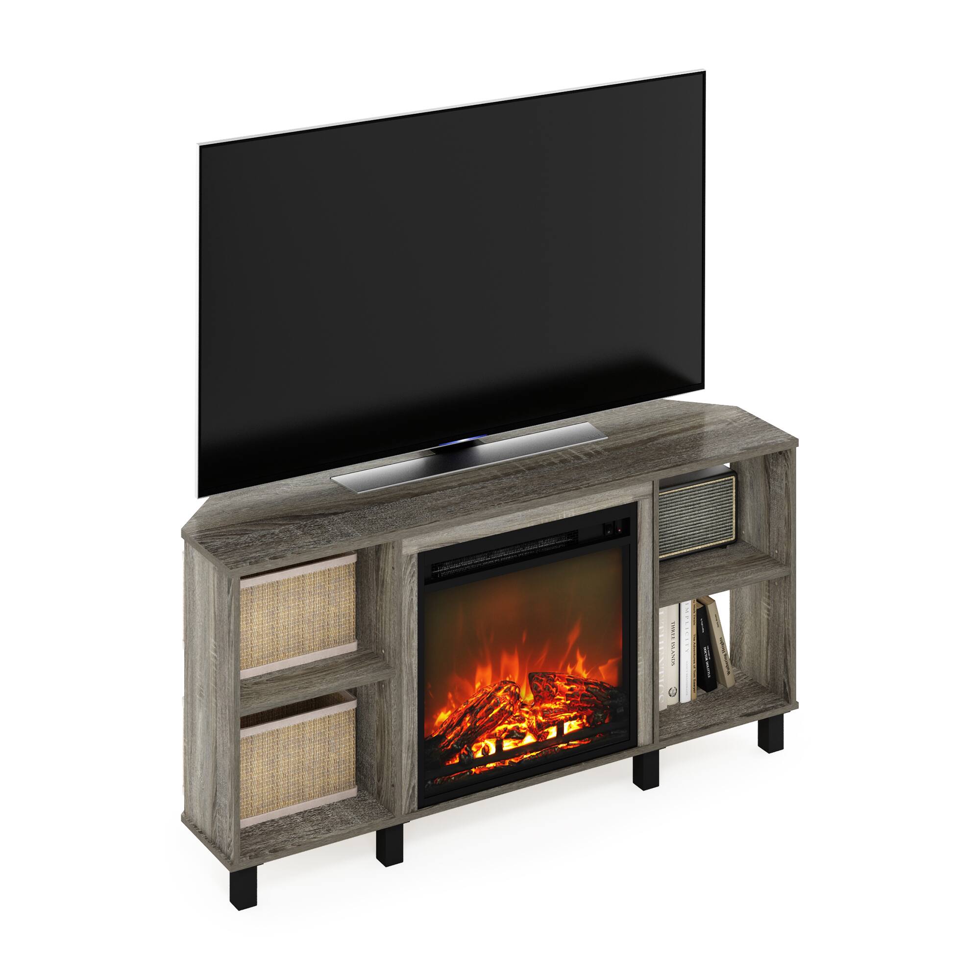 Alt View 5. Furinno - Jensen Corner Fireplace TV Stand with 4 Open Compartments for TV up to 55 Inches - French Oak Grey.