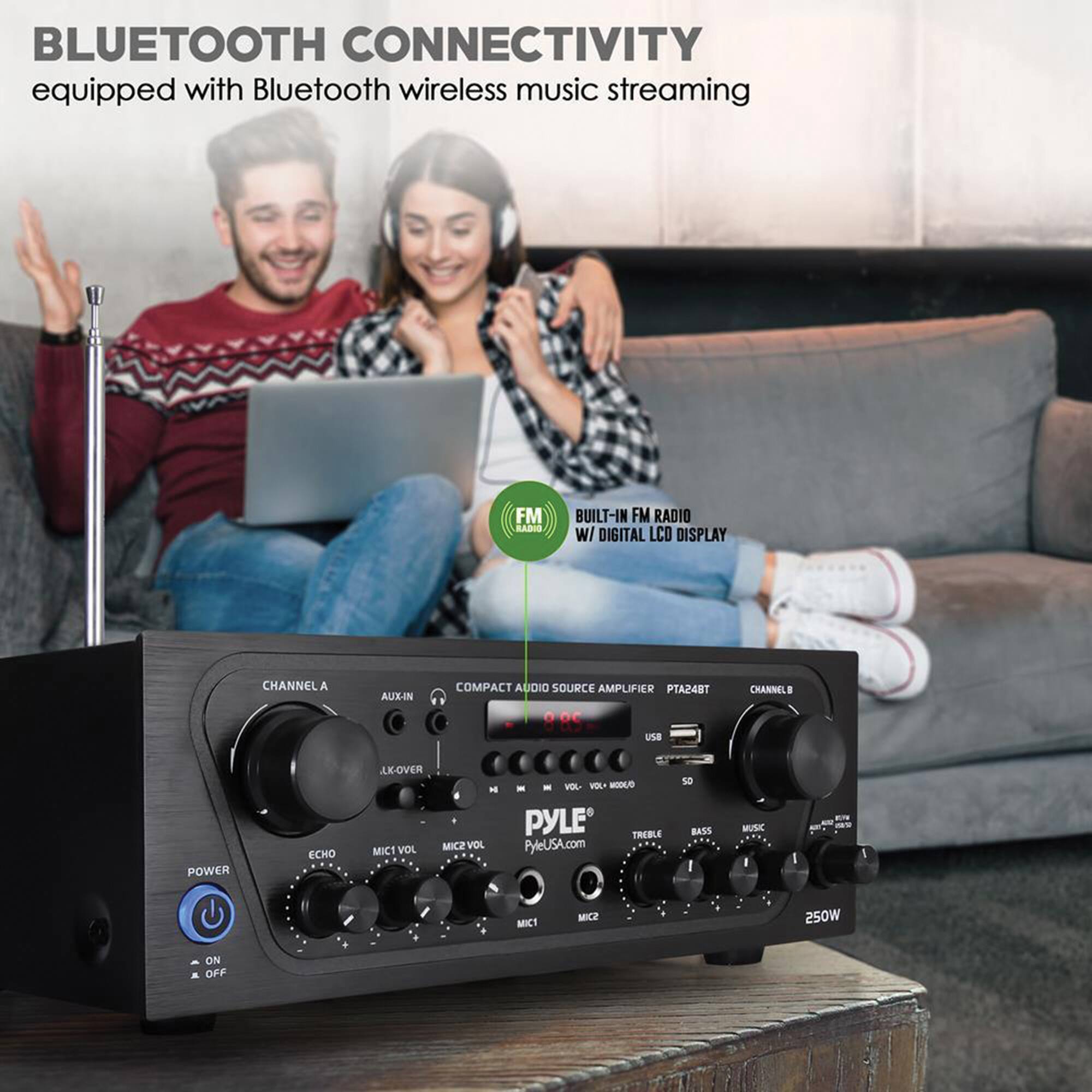 The image features a man and a woman sitting on a couch, with a Pyle stereo system in front of them. The stereo system is equipped with Bluetooth connectivity, allowing for wireless music streaming. The device also has a built-in FM radio with a digital LCD display, providing additional entertainment options. The compact audio source amplifier is designed to deliver clear and powerful sound, making it an ideal choice for a home entertainment setup.