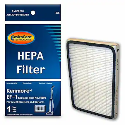 A MUST FOR ALLERGY SUFFERERS!!
976 EnviroCare TECHNOLOGIES HPA Filter
Designed to Fit:
Kenmore* EF-1
Replaces Item No. 86889
For select Canisters and Uprights
1 Filter
*Trademark of Vacuum Manufacturer