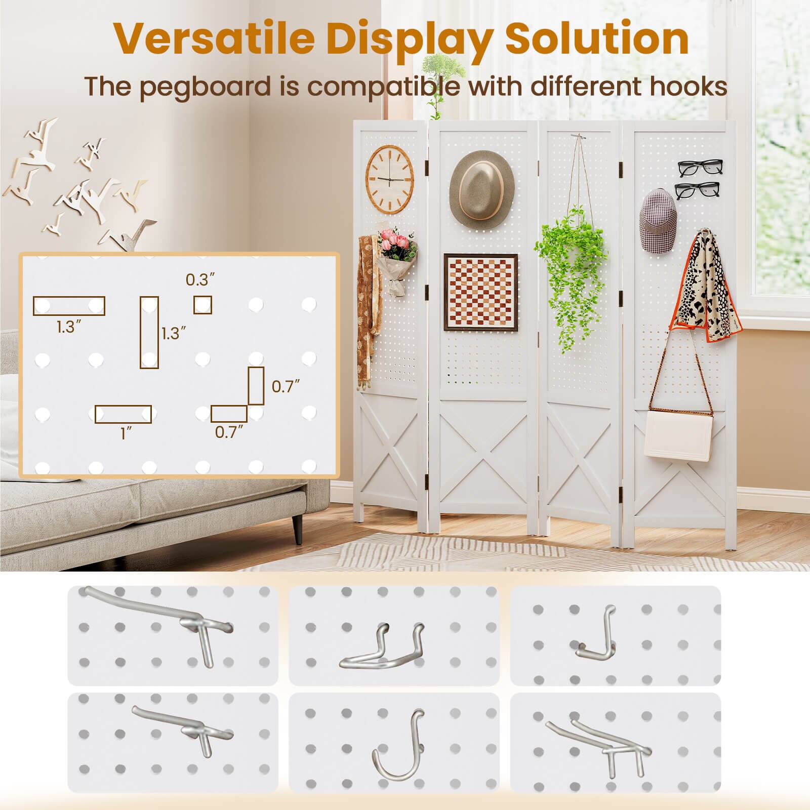Versatile Display Solution  
The pegboard is compatible with different hooks

0.3"  
1.3"  
1.3"  
0.7"  
1"  
0.7"