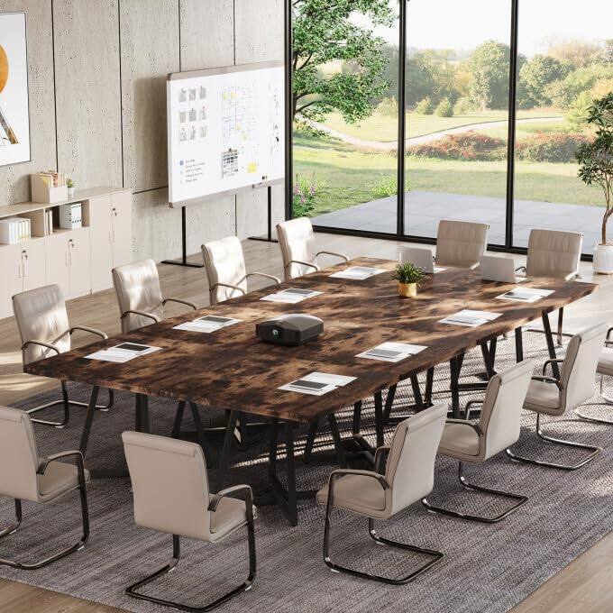 Alt View 4. Tribesigns - 31.5" Square Conference Table, Industrial Office Meeting Table for 4 People, Business Podcast Furniture with Metal Base - Vintage Brown.