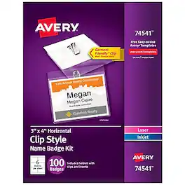 Avery - Clip On Name Badge Kit, 3" x 4", White/ 100 Labels/Box (74541) - Clear