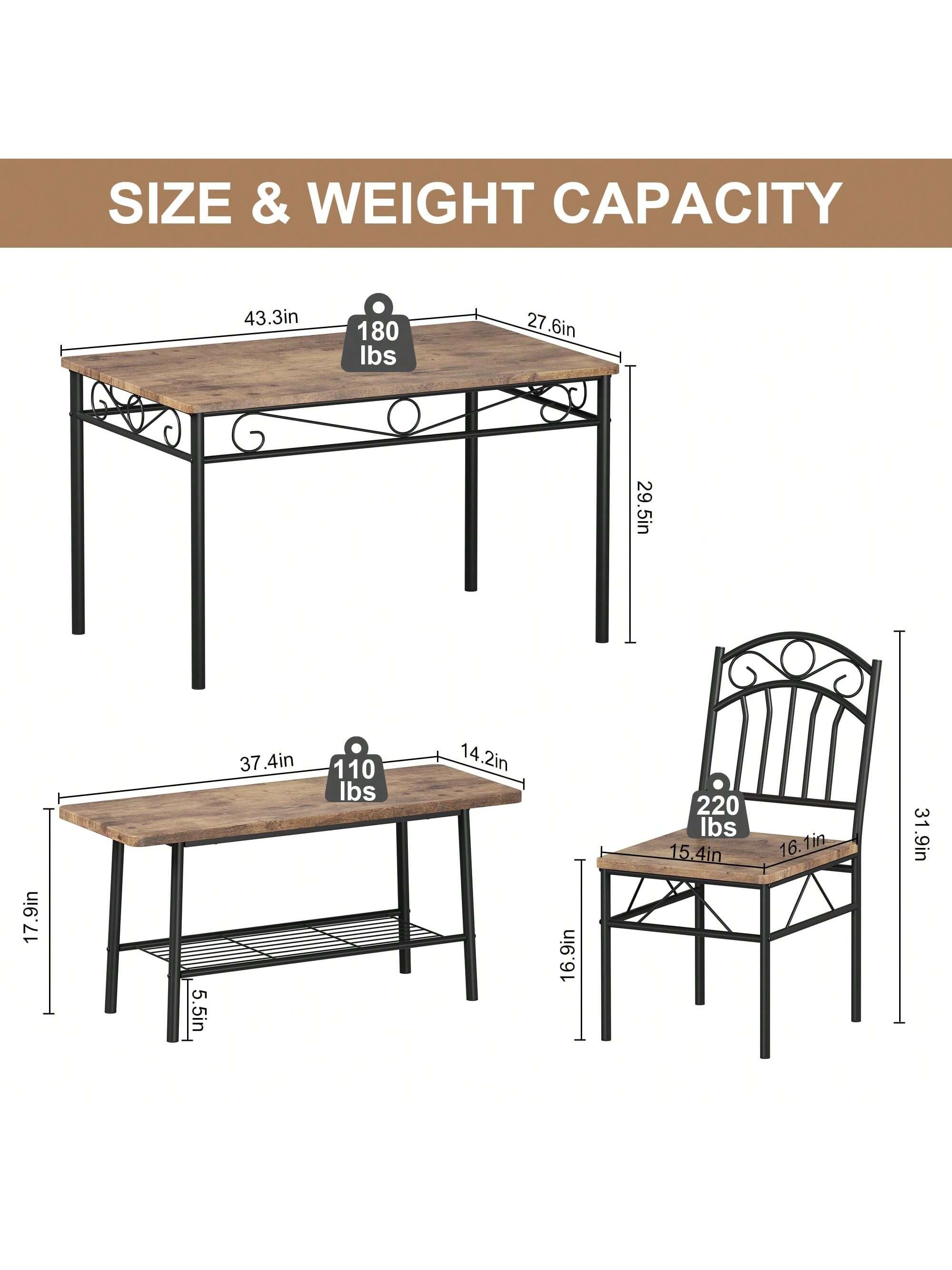 Sure, here is the corrected and grouped text:

**SIZE & WEIGHT CAPACITY**

- Table:
  - Length: 43.3 in
  - Width: 27.6 in
  - Height: 29.5 in
  - Weight Capacity: 180 lbs

- Bench:
  - Length: 37.4 in
  - Width: 14.2 in
  - Height: 17.9 in
  - Weight Capacity: 110 lbs

- Chair:
  - Seat Height: 15.4 in
  - Back Height: 31.9 in
  - Width: 16.1 in
  - Depth: 16.1 in
  - Weight Capacity: 220 lbs