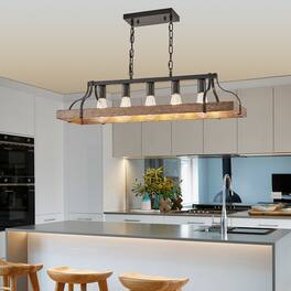 Loheer - Modern Farmhouse Chandelier, 34-Inch Black Walnut Pendant Light with 5 E26 Sockets and Adjustable Chains