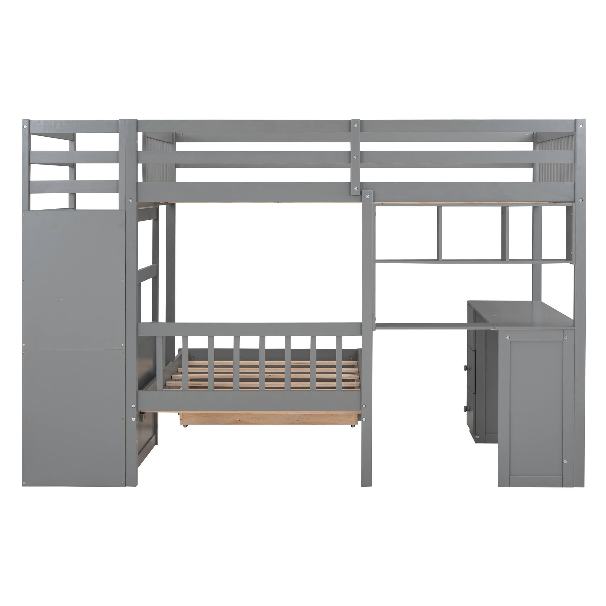 Alt View 6. Tiramisubest - Full Over Twin Bunk Bed with Desk, Gray - Solid Wood, 98x80x65 inches, Space-Saving - Gray.