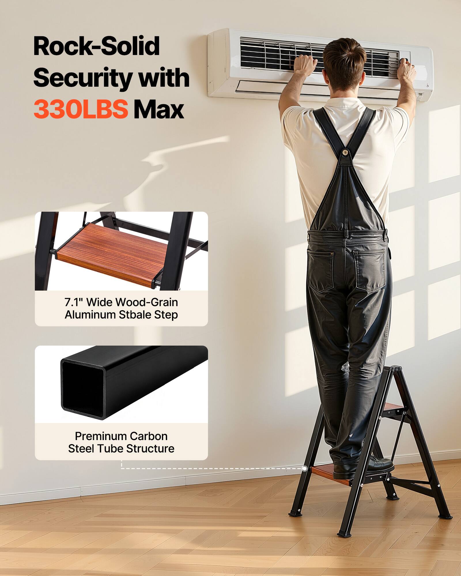 Rock-Solid Security with 330LBS Max

7.1" Wide Wood-Grain Aluminum Stbale Step

Premium Carbon Steel Tube Structure