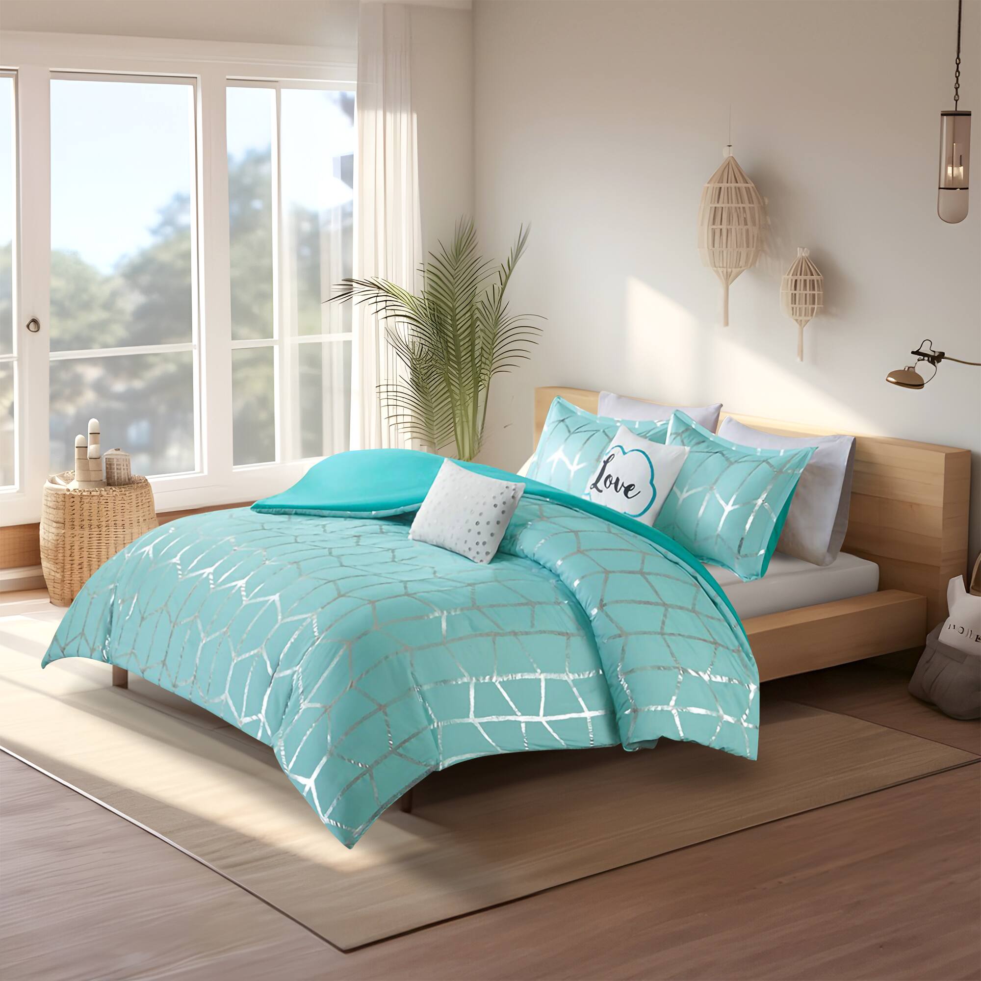 Alt View 4. Gracie Mills - Gracie Mills Isabelle 5-Piece Metallic Geometric Comforter Set - Aqua/Silver.