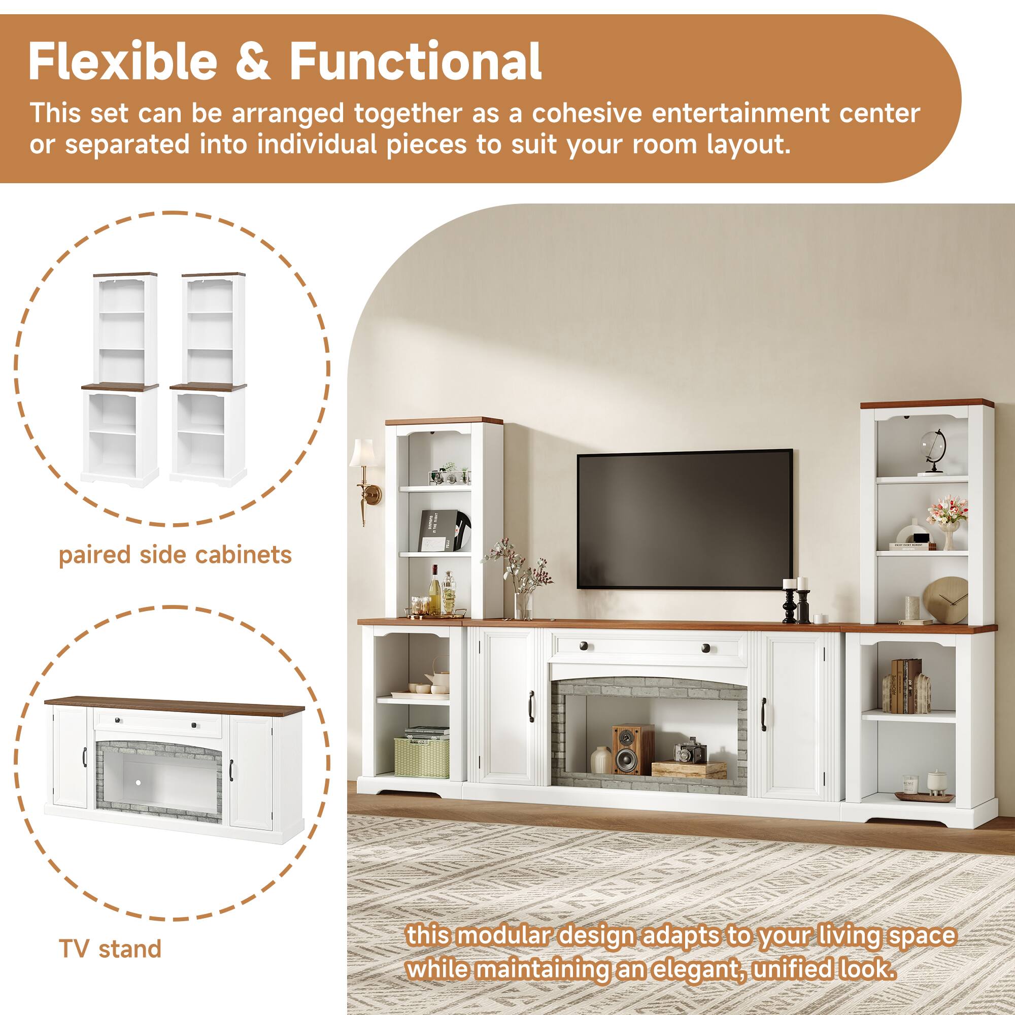 Flexible & Functional  
This set can be arranged together as a cohesive entertainment center or separated into individual pieces to suit your room layout.  
paired side cabinets TV stand  
this modular design adapts to your living space while maintaining an elegant, unified look.