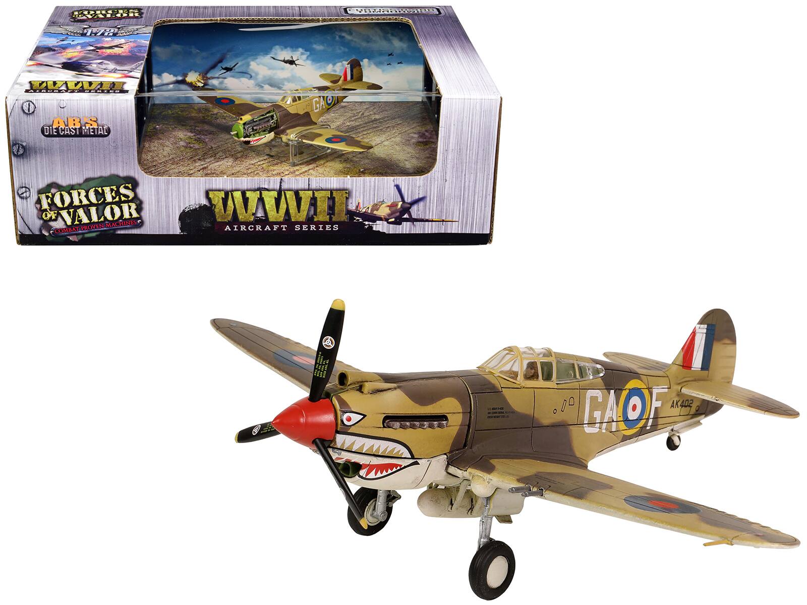 Sure, here is the corrected and grouped text from the image:

---

**Box:**

- FORCES OF VALOR
- COMBAT PROVEN MACHINES
- WWII AIRCRAFT SERIES
- ABS DIE CAST METAL
- GAOF
- AK402

**Model:**

- GAOF
- AK402
- 1942
- 1942
- 1942
- 1942
- 1942
- 1942
- 1942
- 1942
- 1942
- 1942
- 1942
- 1942
- 1942
- 1942
- 1942
- 1942
- 1942
- 1942
- 1942
- 1942
- 1942
- 1942
- 1942
- 1942
- 1942
- 1942
- 