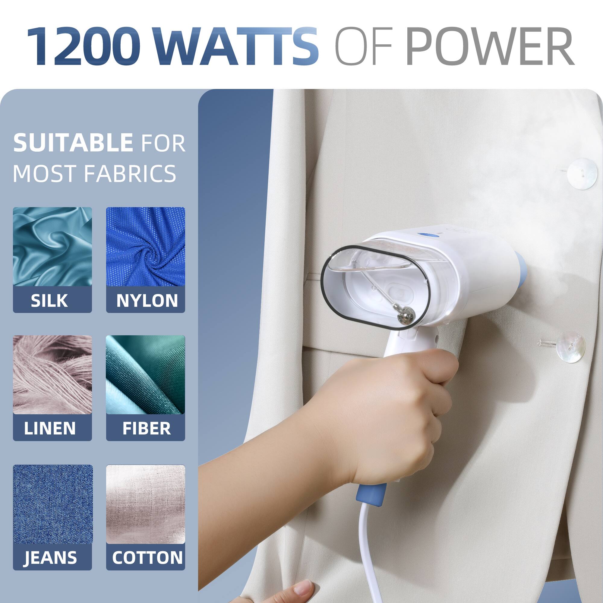 1200 WATTS OF POWER
SUITABLE FOR MOST FABRICS
SILK
NYLON
LINEN
FIBER
JEANS
COTTON