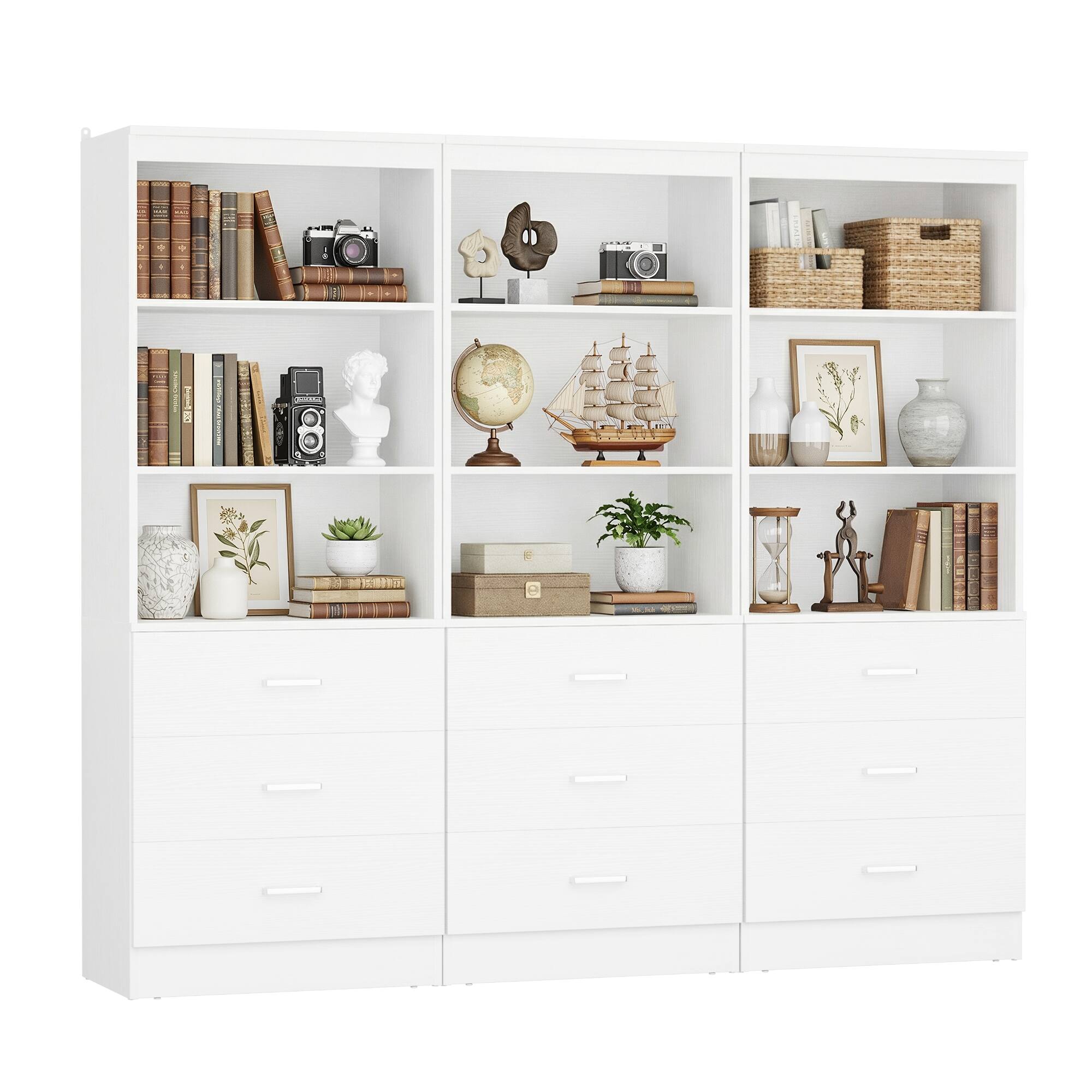 Angle. Aheaplus - 71'' Tall Bookcase with 3 Drawers and 3-Tier Open Shelves, 3 Packs - White.