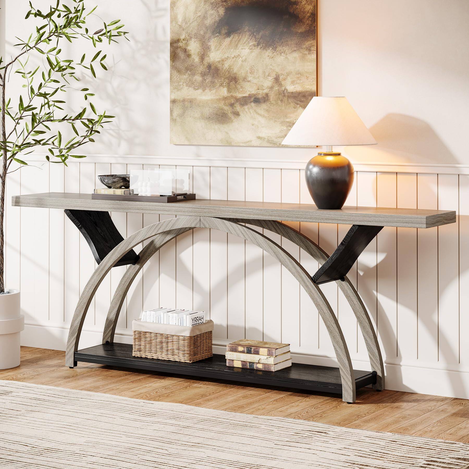 Back. Tribesigns - 70.87" Console Table, Industrial Sofa Table Behind Couch with 2 Tiers of Storage Shelves for Living Room, Hallway, Entra - Gray & Black.