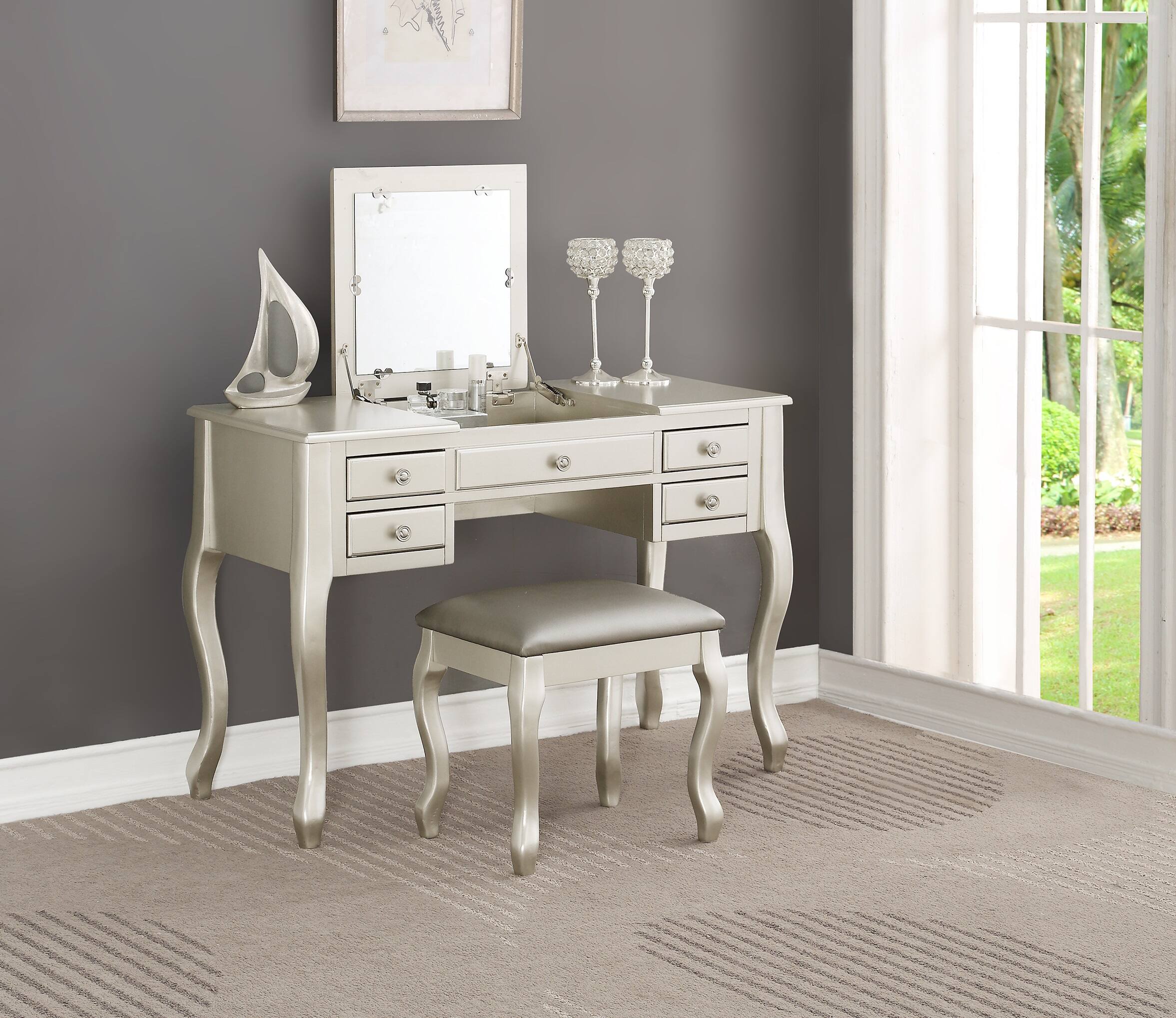 Left. APRILSOUL - Classic Vanity Set w Stool Silver Color Drawers Open-up Mirror Bedroom Furniture Unique Legs Cushion Seat Stool Vanity - Silver.