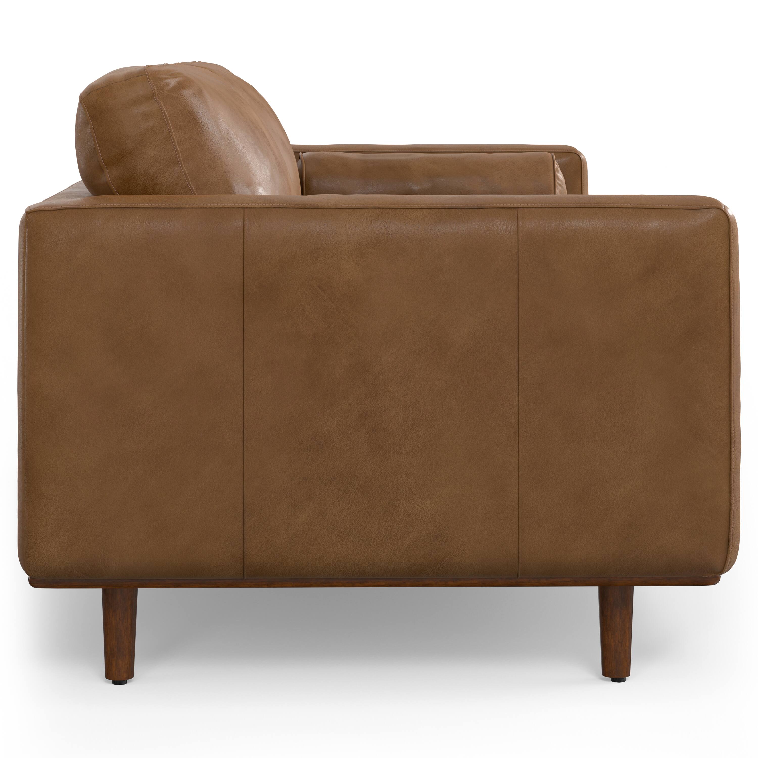 Alt View 3. Simpli Home - Morrison Mid-Century Modern 89 inch Wide Sofa with Ottoman Set in Caramel Brown Genuine Leather - Caramel Brown.
