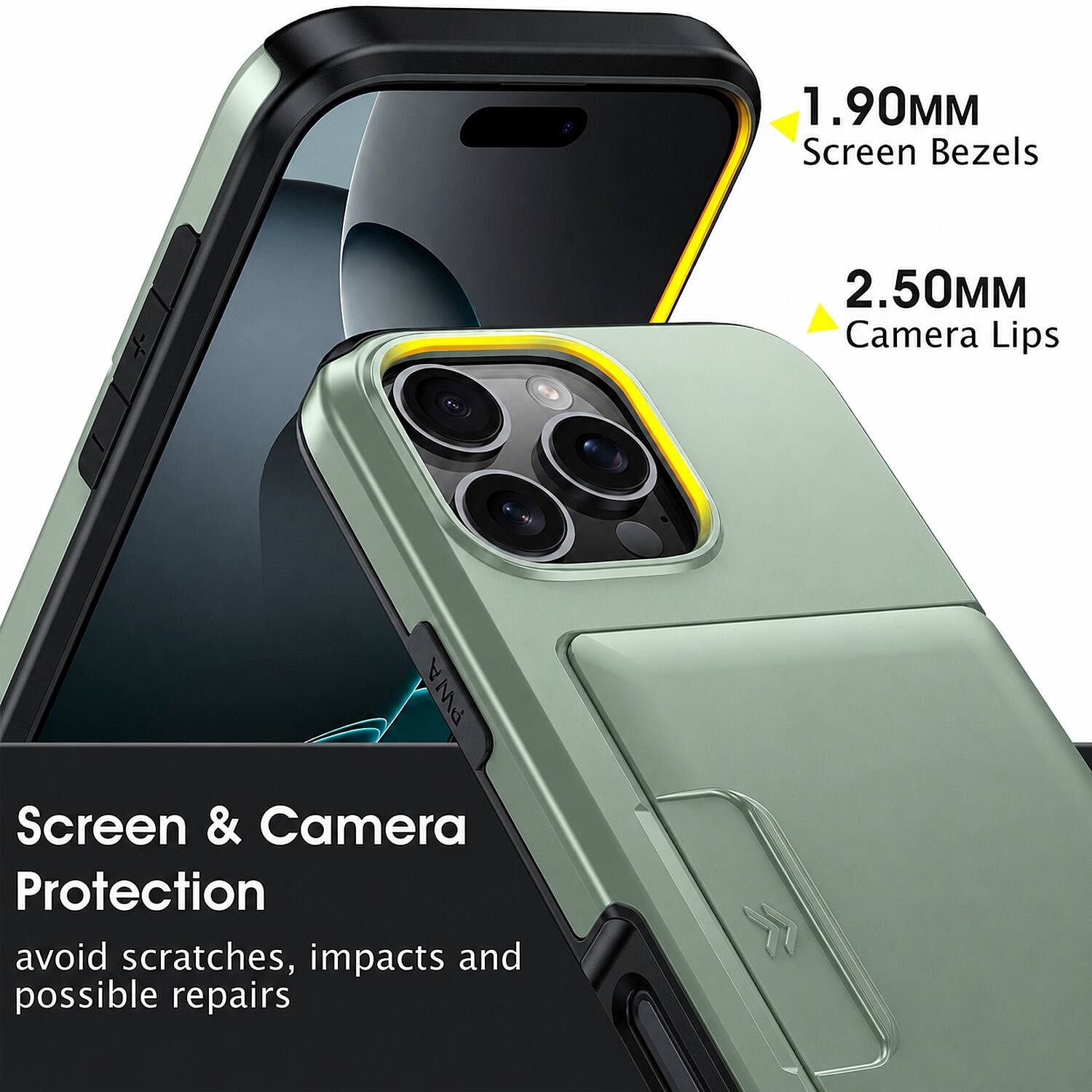 1.90MM Screen Bezels  
2.50MM Camera Lips  
Screen & Camera Protection  
avoid scratches, impacts and possible repairs