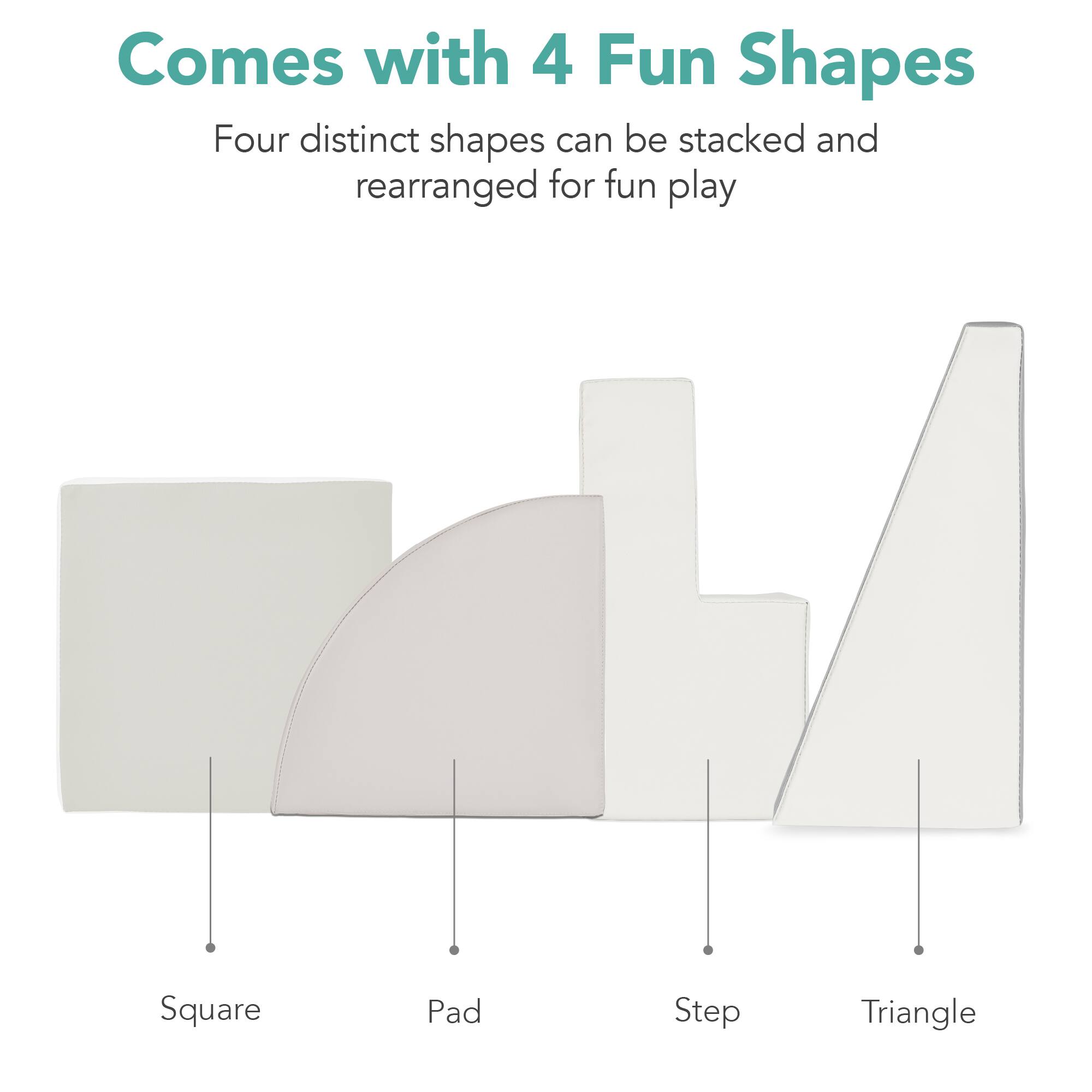 The text in the image can be grouped and corrected as follows:

"Comes with 4 Fun Shapes
Four distinct shapes can be stacked and rearranged for fun play:
- Square
- Pad
- Step
- Triangle"
