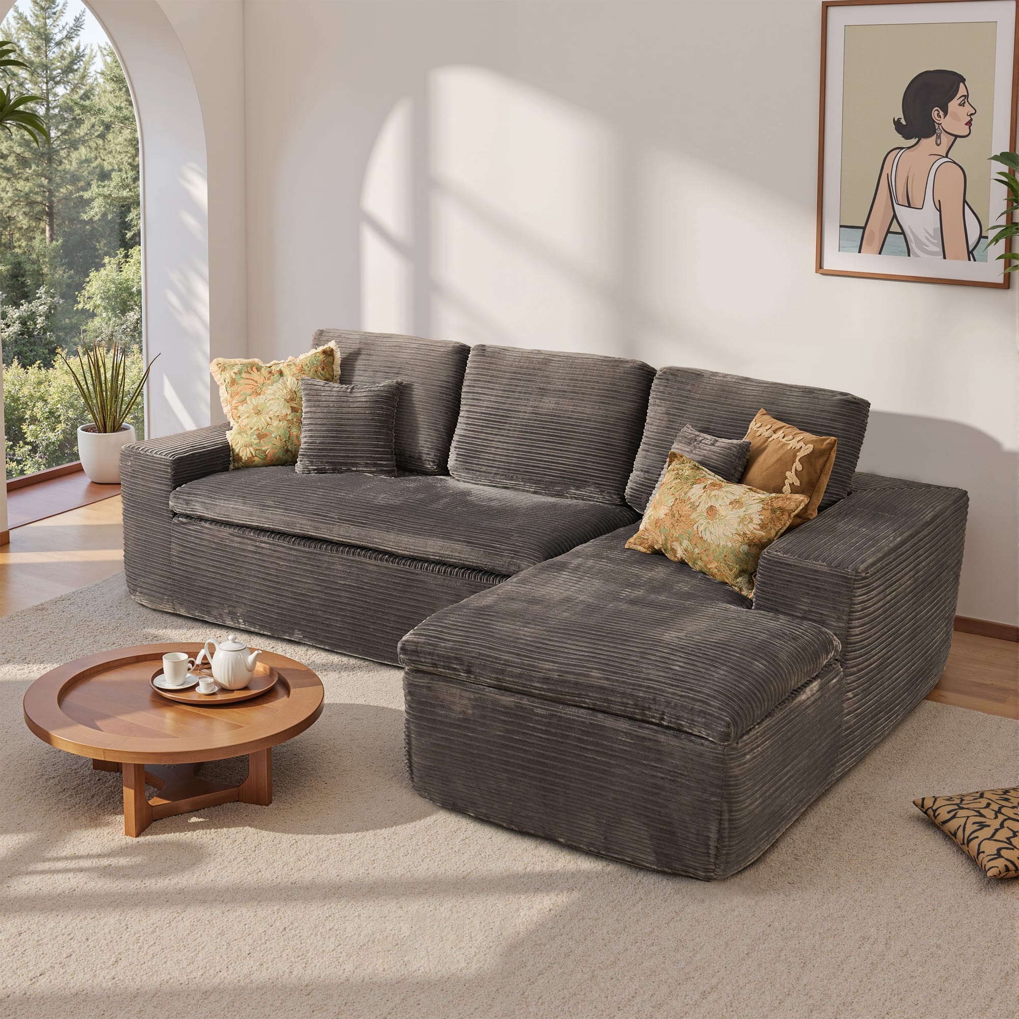 Ovios - 2 Pieces Cloud Like Sectional Sofa, L-Shaped Couch with Chaise for Living Room - Grey(Corduroy, Right Facing)