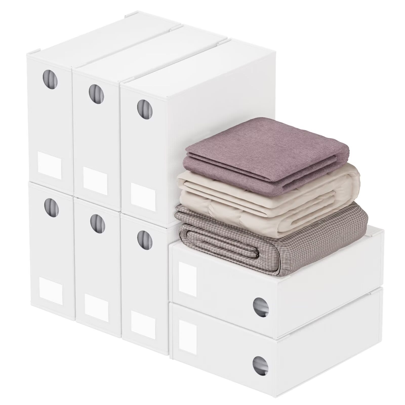 Tooloton - Bed Sheet Organizers 8 Pack, Linen Closet Storage with Window, Queen King Size Bedding Container - White