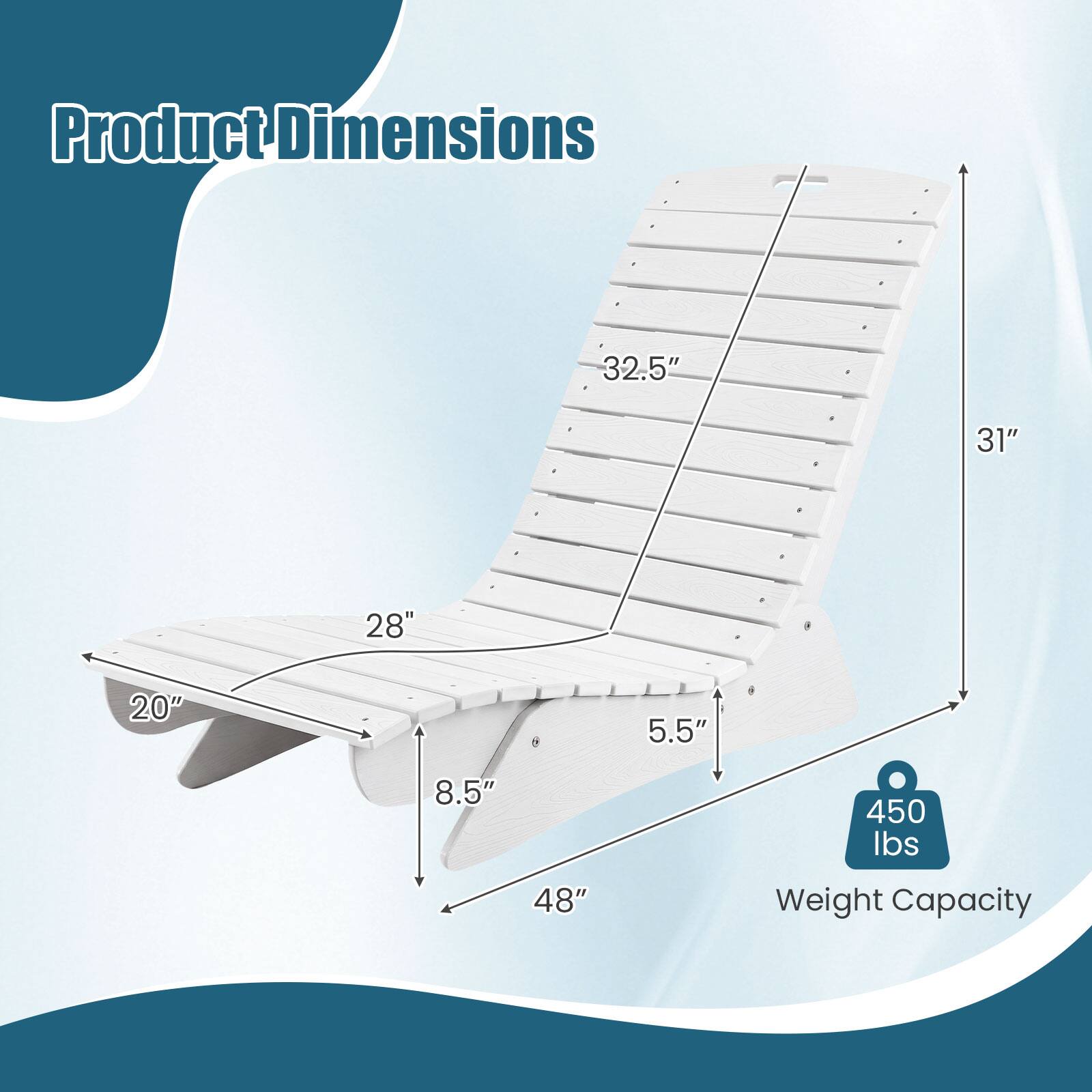 Product Dimensions
- 32.5"
- 31"
- 28"
- 20"
- 5.5"
- 8.5"
- 48"

Weight Capacity
- 450 lbs