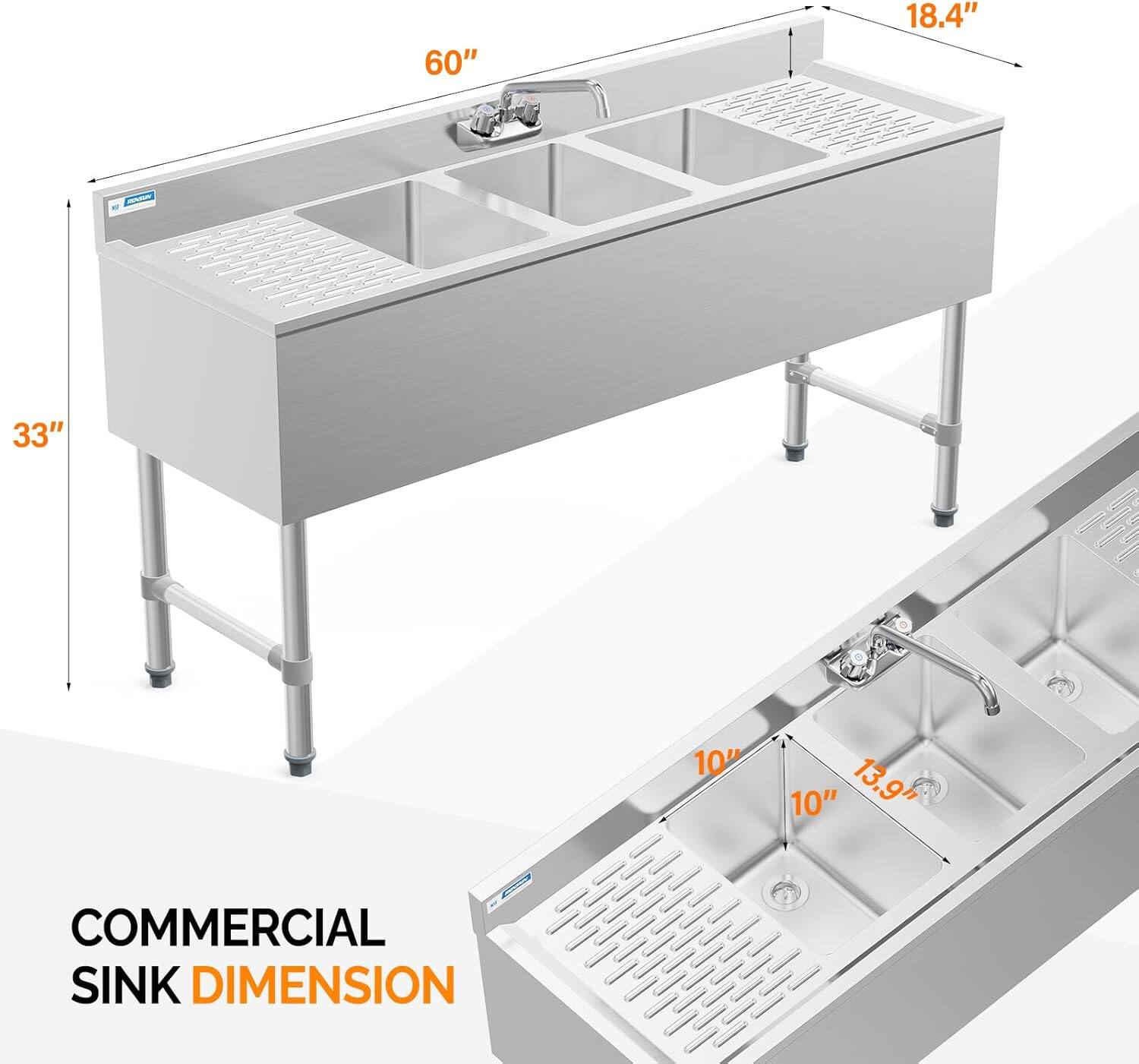 60" x 18.4" x 33" H  
10" x 10" x 13.9"  
COMMERCIAL SINK DIMENSION