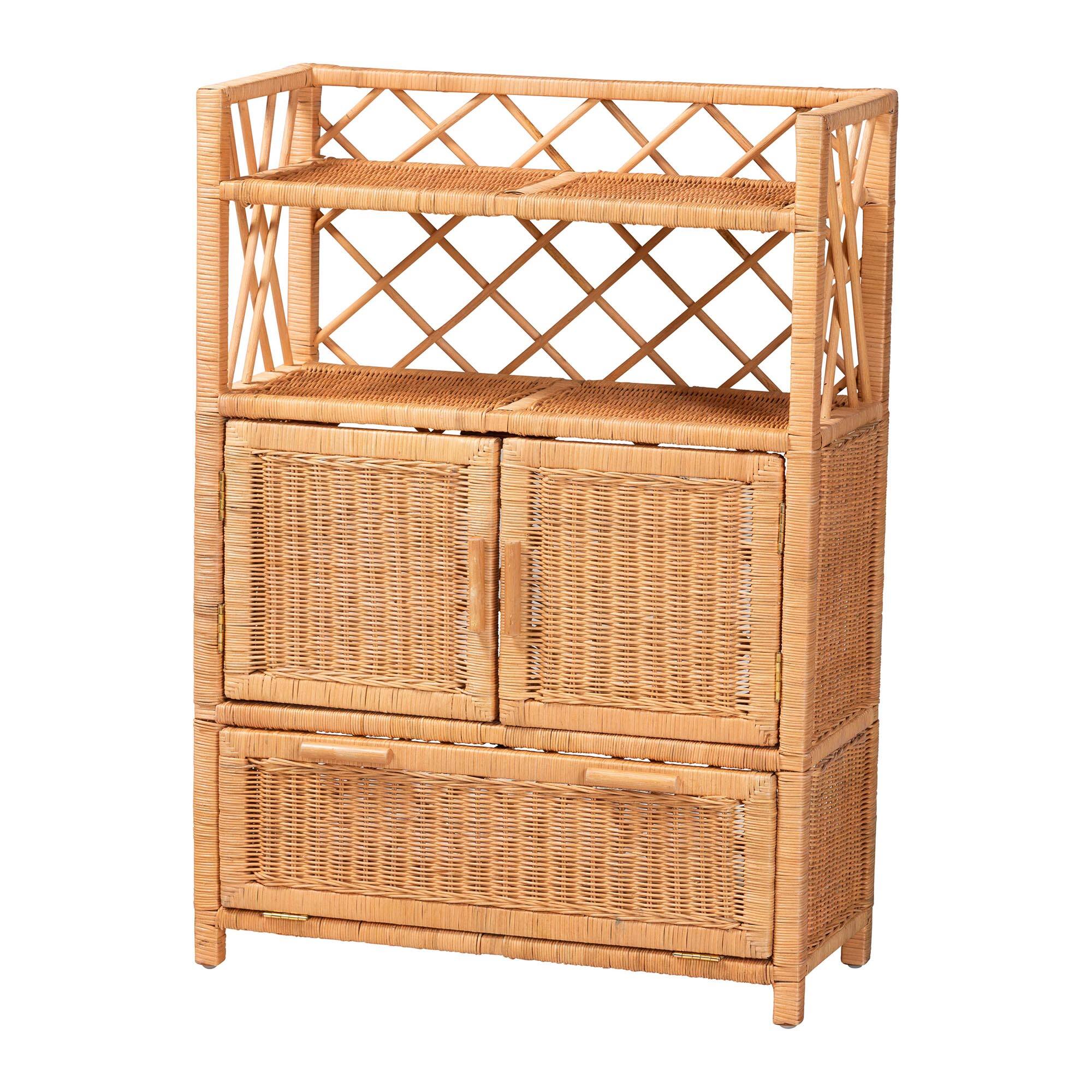 Front. bali & pari - bali & pari Hendrina Natural Rattan and Mahogany Wood Shoe Cabinet, 4-Tier - Light Honey.
