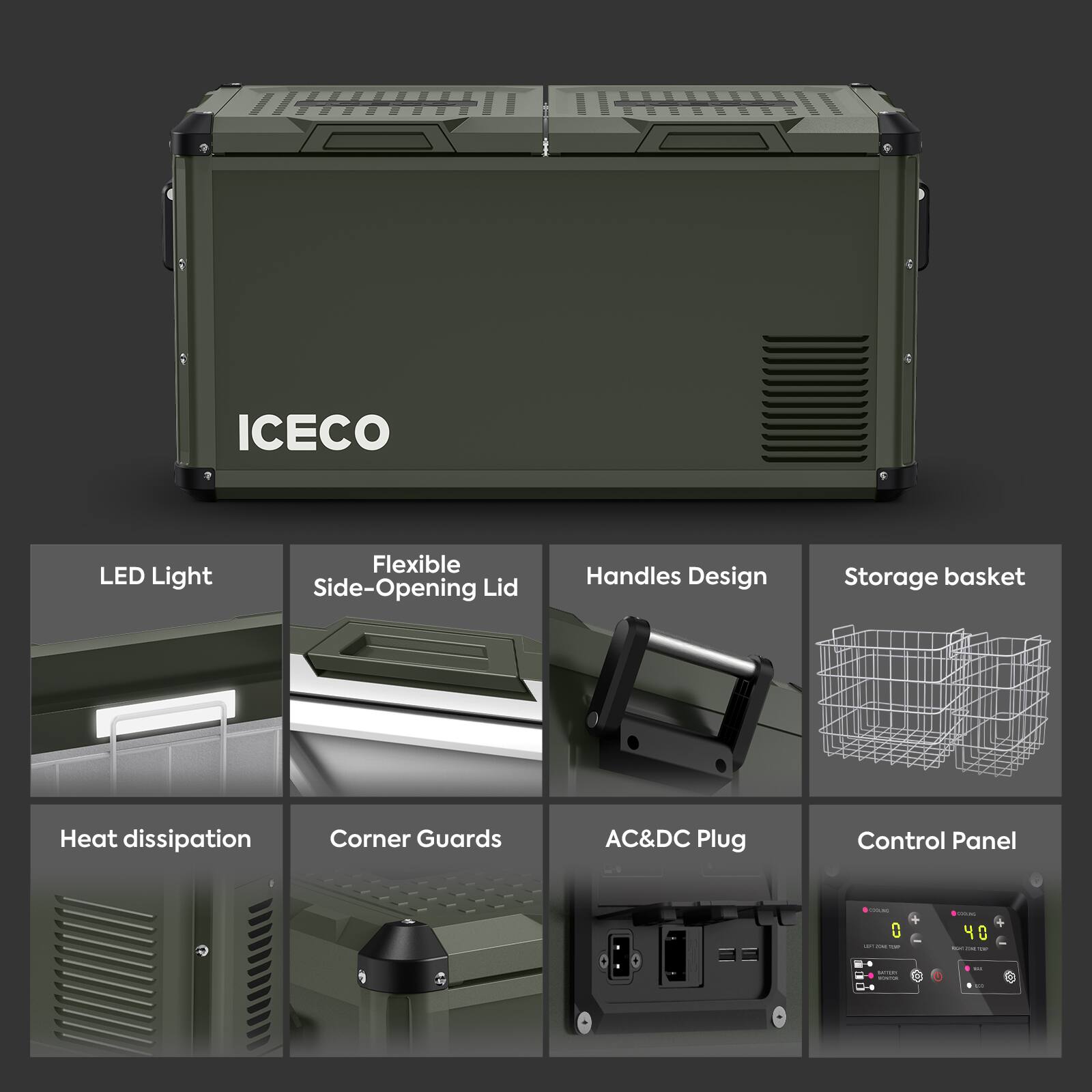 - ICECO LED Light
- Flexible Side-Opening Lid
- Handles Design
- Storage basket
- Heat dissipation
- Corner Guards
- AC&DC Plug
- Control Panel