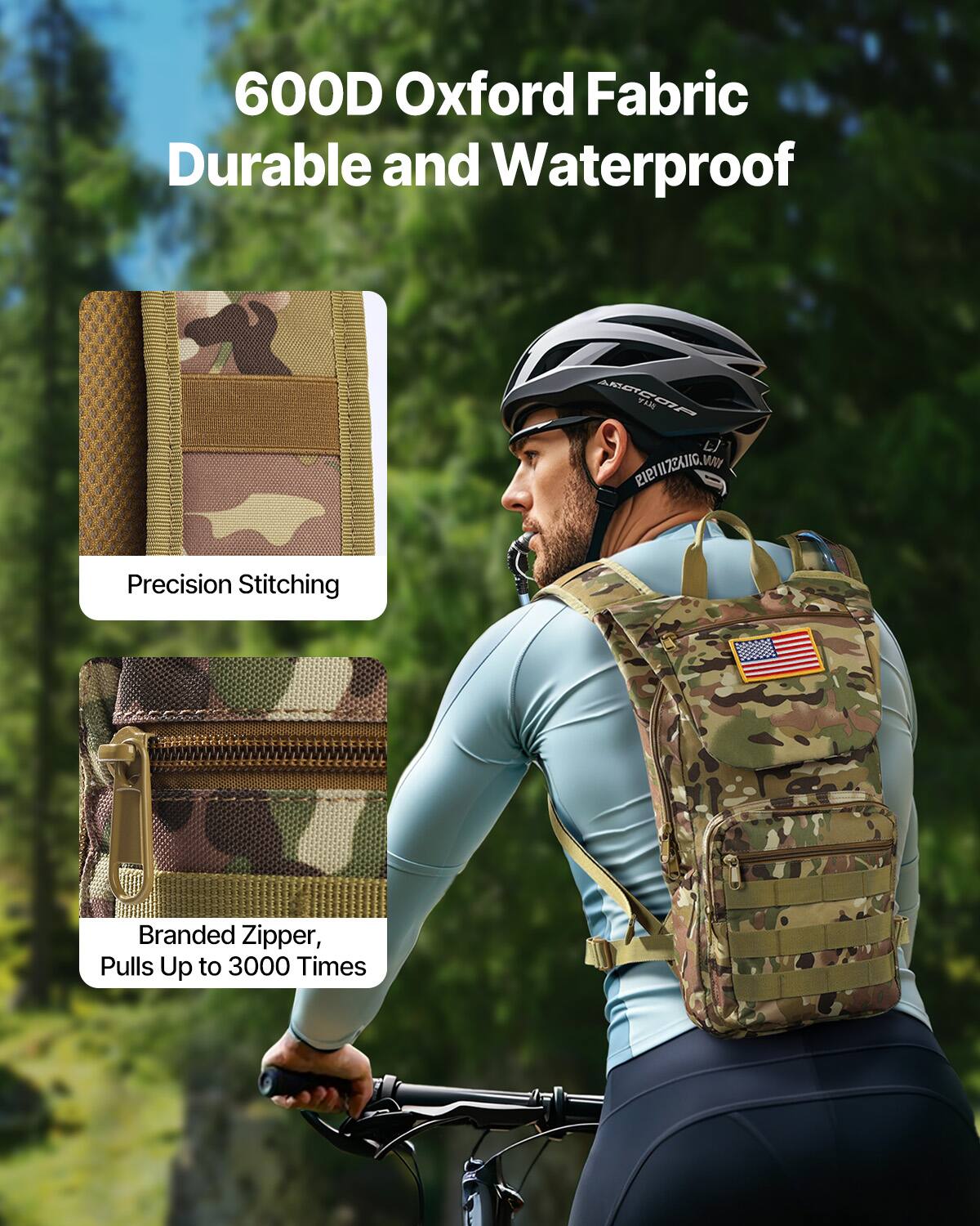 600D Oxford Fabric  
Durable and Waterproof  

Precision Stitching  

Branded Zipper,  
Pulls Up to 3000 Times