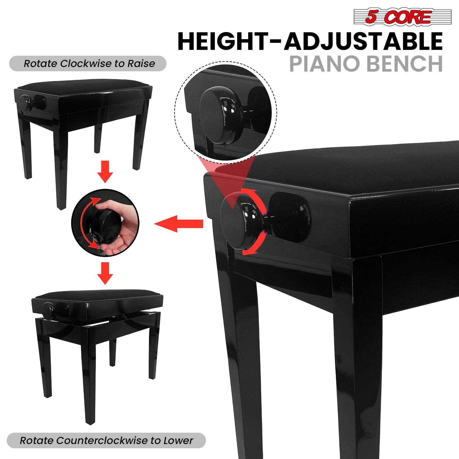 5 CORE HEIGHT-ADJUSTABLE PIANO BENCH, Rotate Clockwise to Raise, Rotate Counterclockwise to Lower