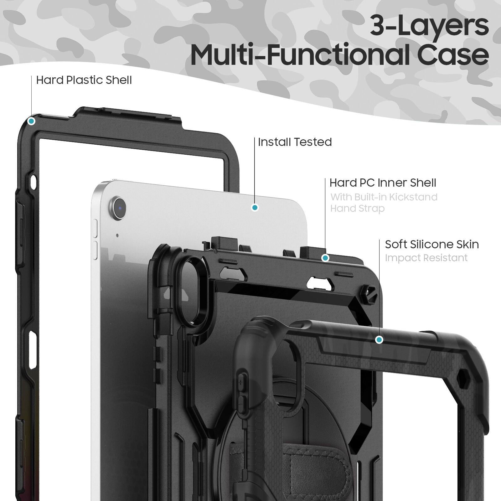 3-Layers Multi-Functional Case

- Hard Plastic Shell
- Install Tested
- Hard PC Inner Shell with Built-in Kickstand Hand Strap
- Soft Silicone Skin
- Impact Resistant