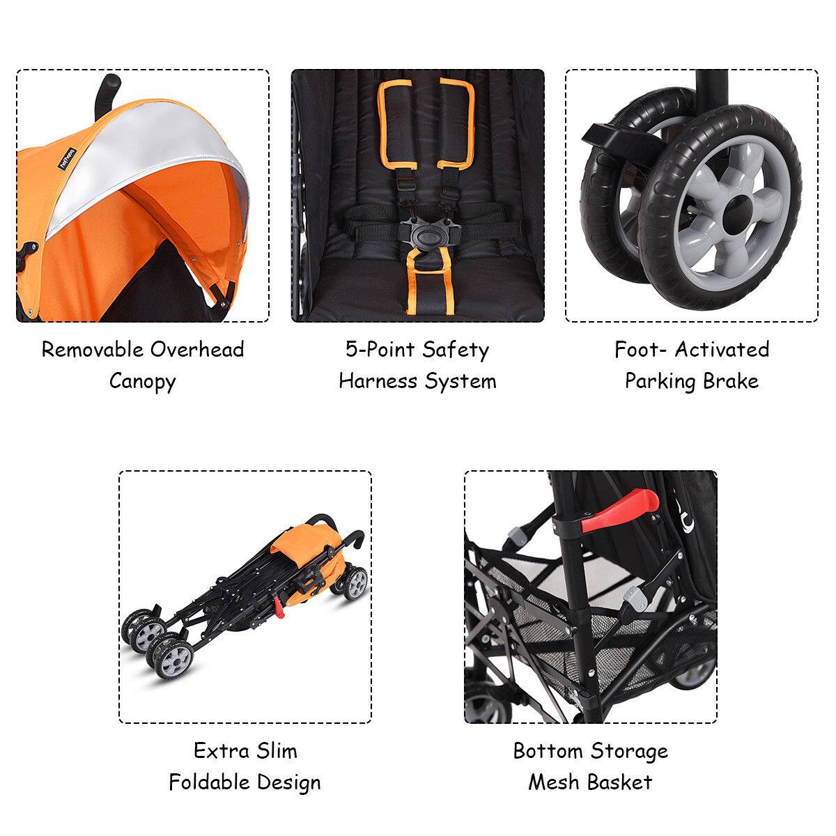 Removable Overhead Canopy, 5-Point Safety Harness System, Foot-Activated Parking Brake, Extra Slim Foldable Design, Bottom Storage Mesh Basket