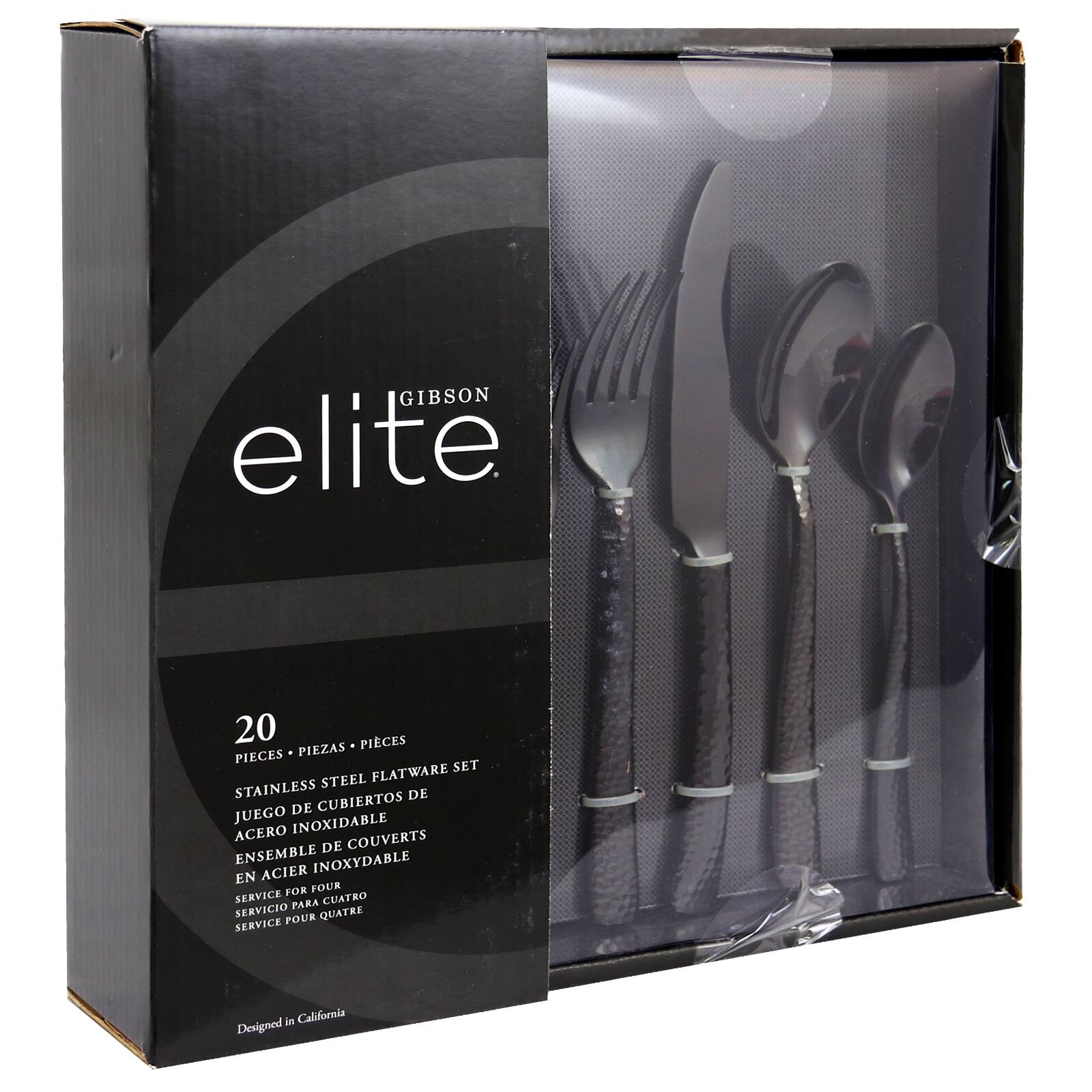 The text on the image is in Spanish, so I cannot group and correct it. However, I can provide a brief description of the image: The image features a black box containing a set of flatware, including a fork, knife, and spoon. The box is labeled "Elite" and is made by Gibson. The flatware is made of stainless steel and is designed for four-service use.