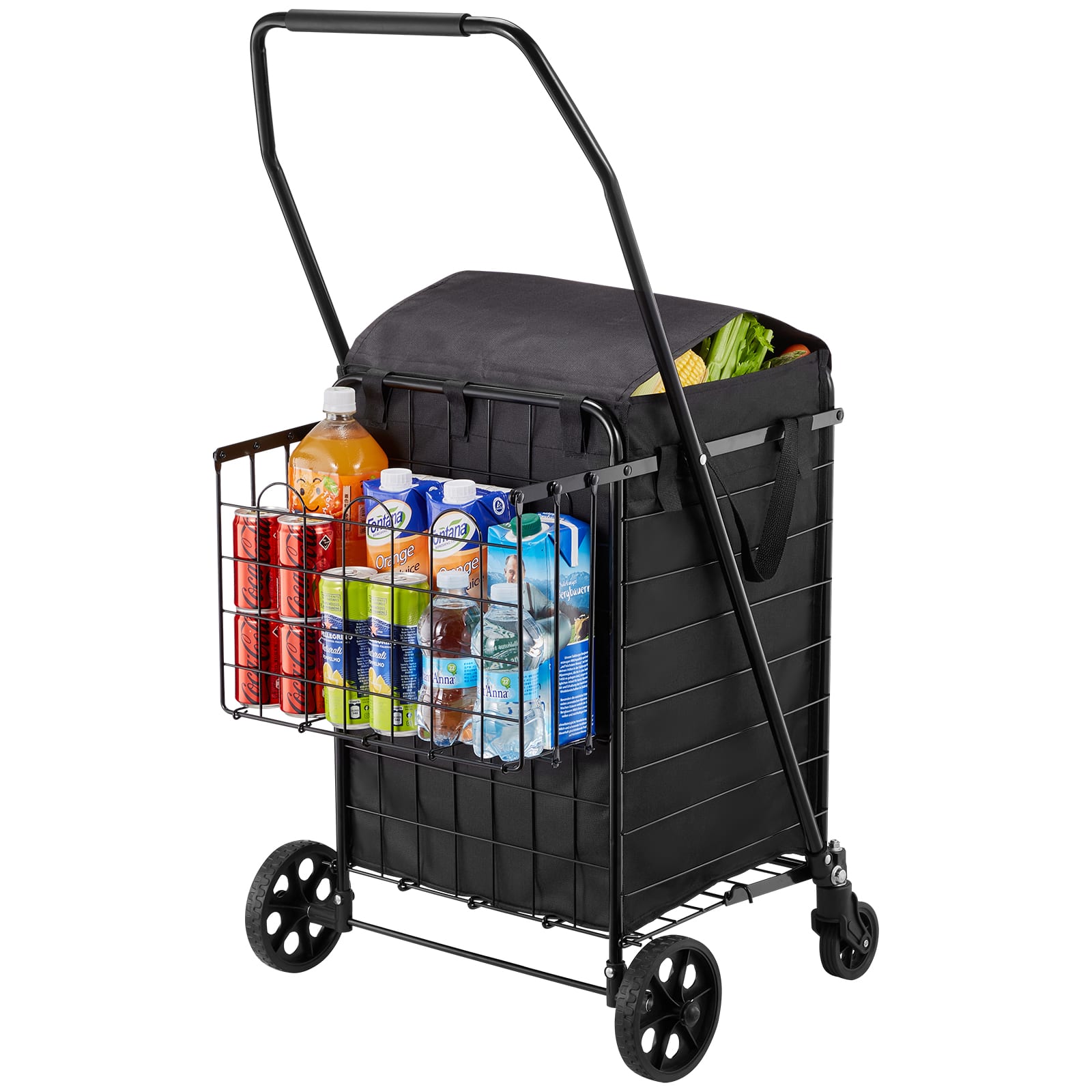 VEVOR - Shopping Cart, Folding Grocery Utility Cart with Dual Baskets, Waterproof Liner & Wheels, 100 LBS Large Load Capacity - Black