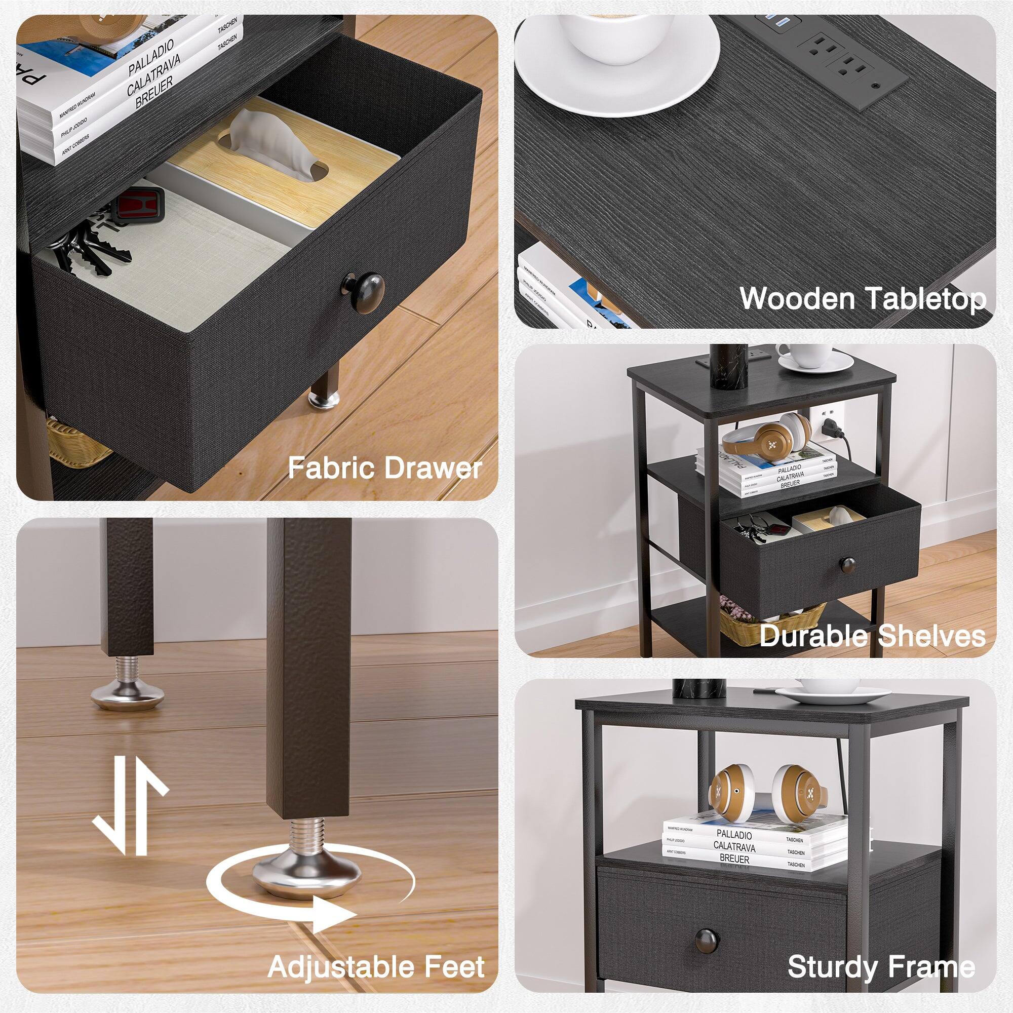 - Fabric Drawer
- Wooden Tabletop
- Adjustable Feet
- Durable Shelves
- Sturdy Frame