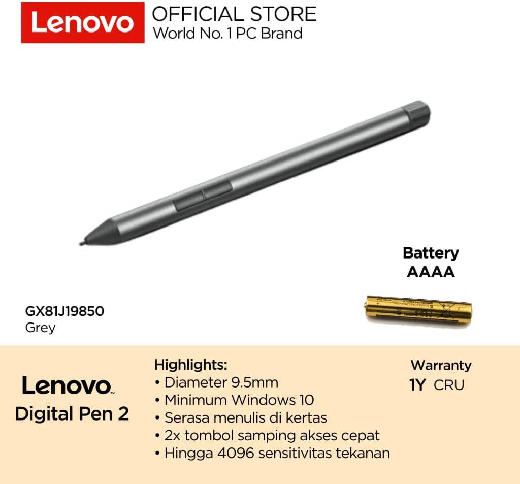 OFFICIAL STORE  
Lenovo  
World No. 1 PC Brand  

Battery AAAA  

GX81J19850  
Grey  

Highlights:  
- Diameter 9.5mm  
- Minimum Windows 10  
- Serasa menulis di kertas  
- 2x tombol samping akses cepat  
- Hingga 4096 sensitivitas tekanan  

Warranty  
1Y CRU