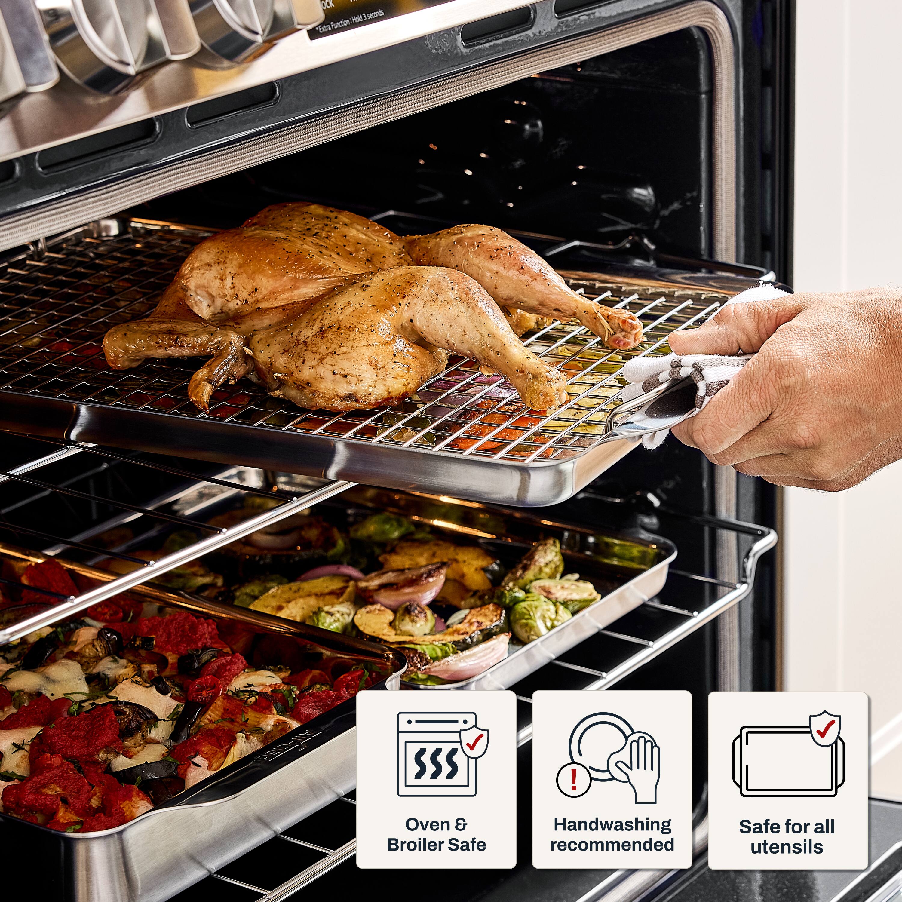 - OCK Fold seands Esta Function
- All-clad
- Oven & Broiler Safe
- Handwashing recommended
- Safe for all utensils