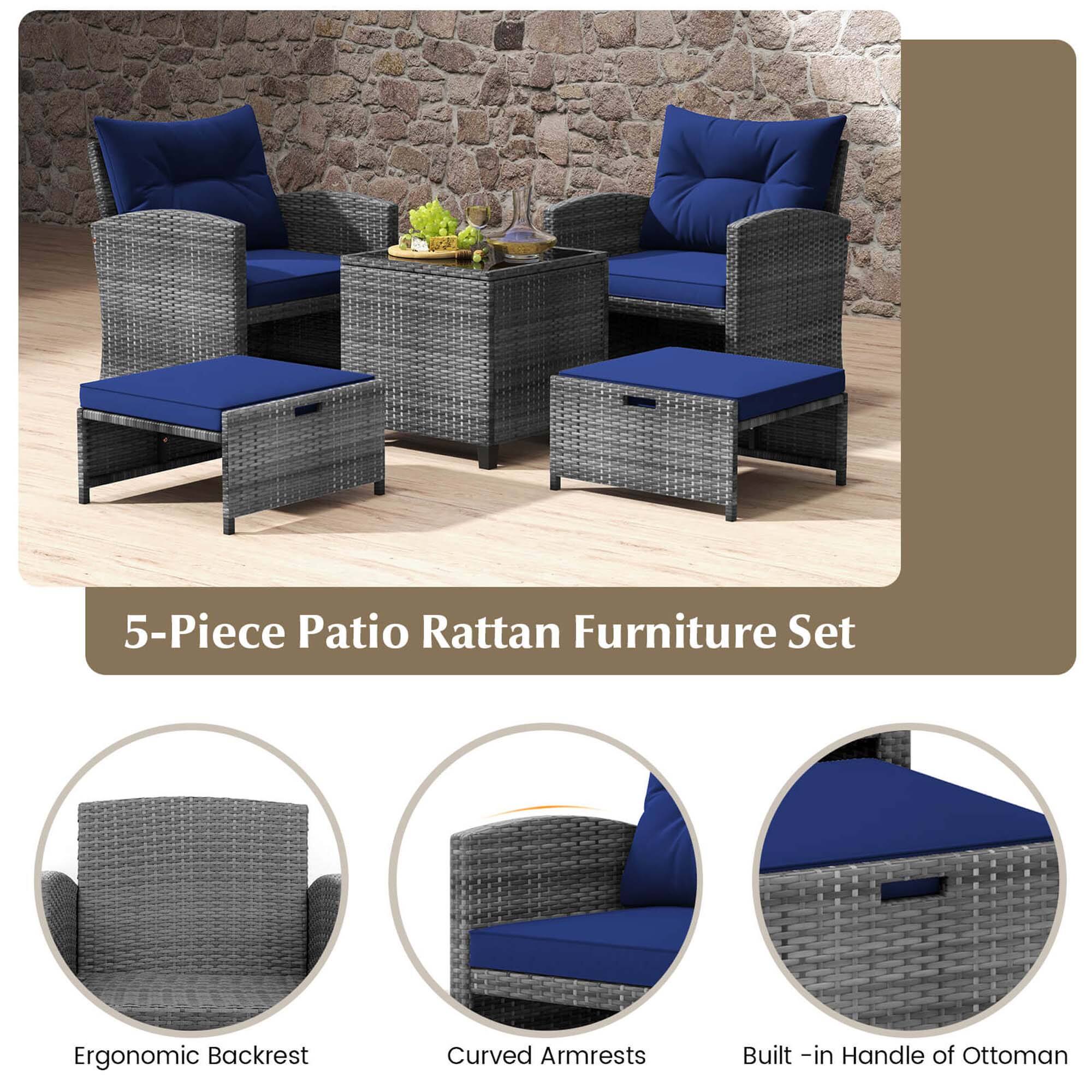 5-Piece Patio Rattan Furniture Set: Ergonomic Backrest, Curved Armrests, Built-in Handle of Ottoman