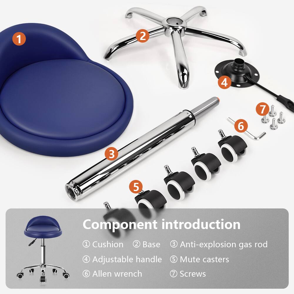 1. Cushion  
2. Base  
3. Anti-explosion gas rod  
4. Adjustable handle  
5. Mute casters  
6. Allen wrench  
7. Screws  

Component introduction  
1. Cushion  
2. Base  
3. Anti-explosion gas rod  
4. Adjustable handle  
5. Mute casters  
6. Allen wrench  
7. Screws