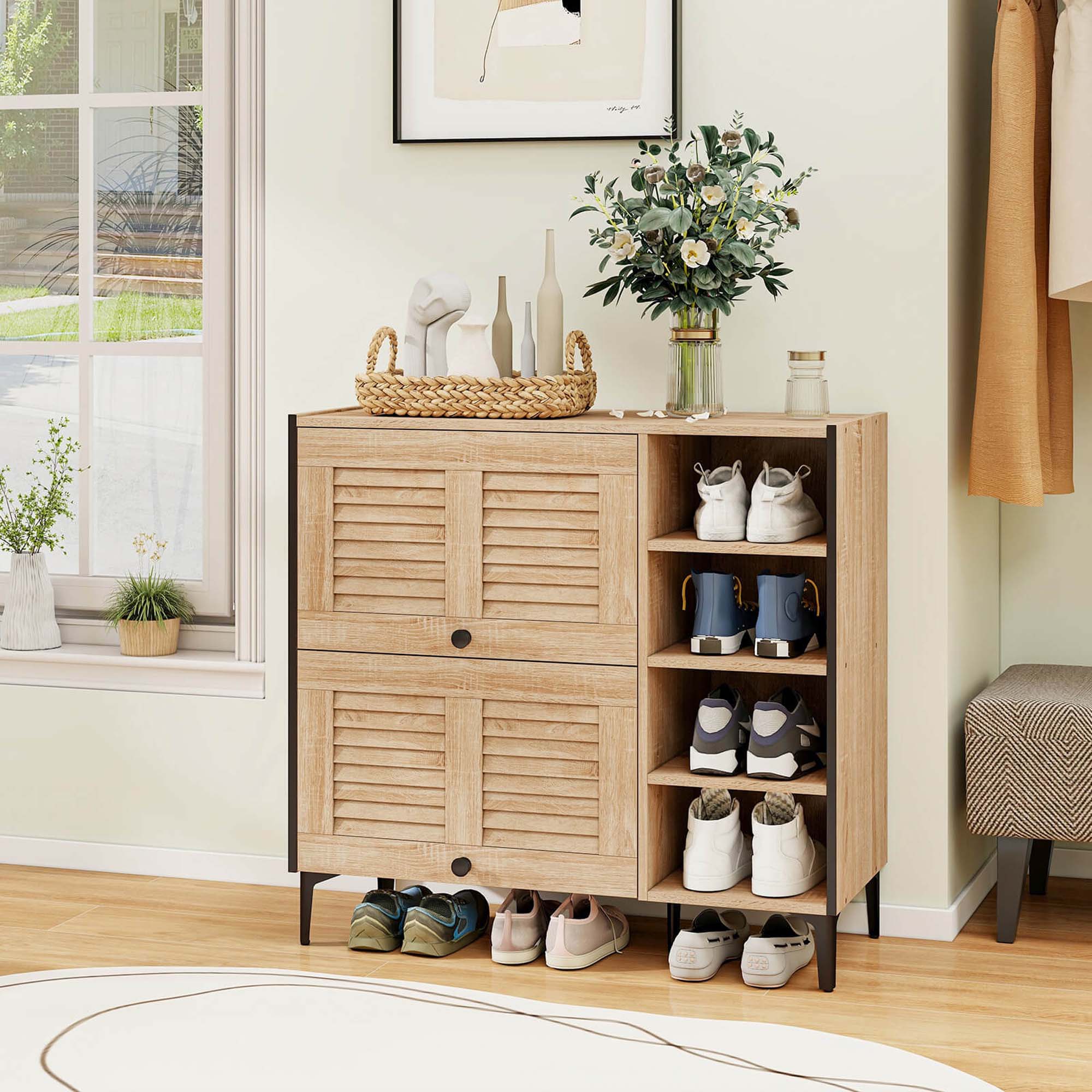 Alt View 11. Costway - Shoe Storage Cabinet with Flip Doors Adjustable and Removable Shelves for Entryway - Oak.