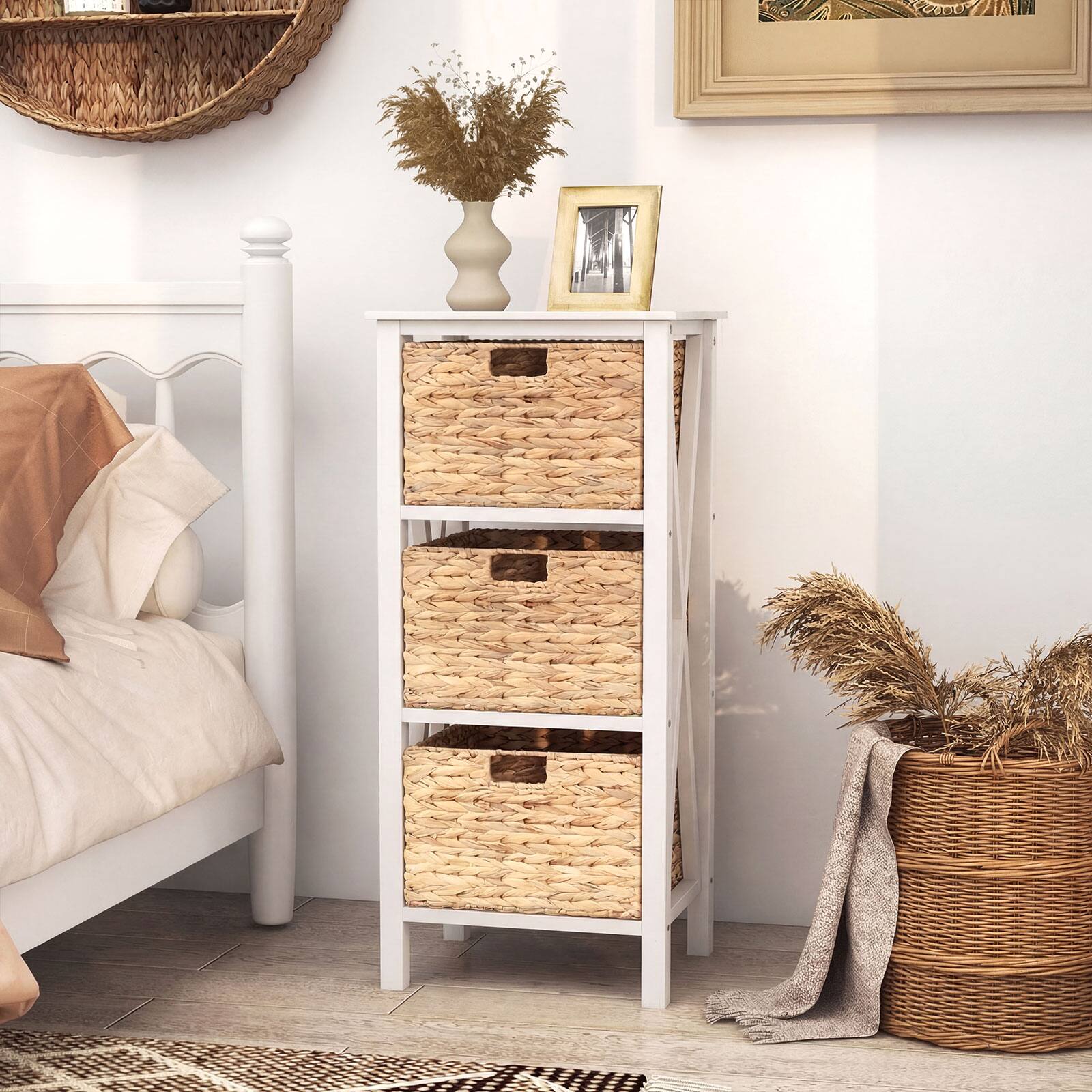 Alt View 4. Costway - Costway 2PCS 4-Tier Nightstand with 3 Seagrass Baskets, Acacia Wood Legs for Living Room - White & Natural.