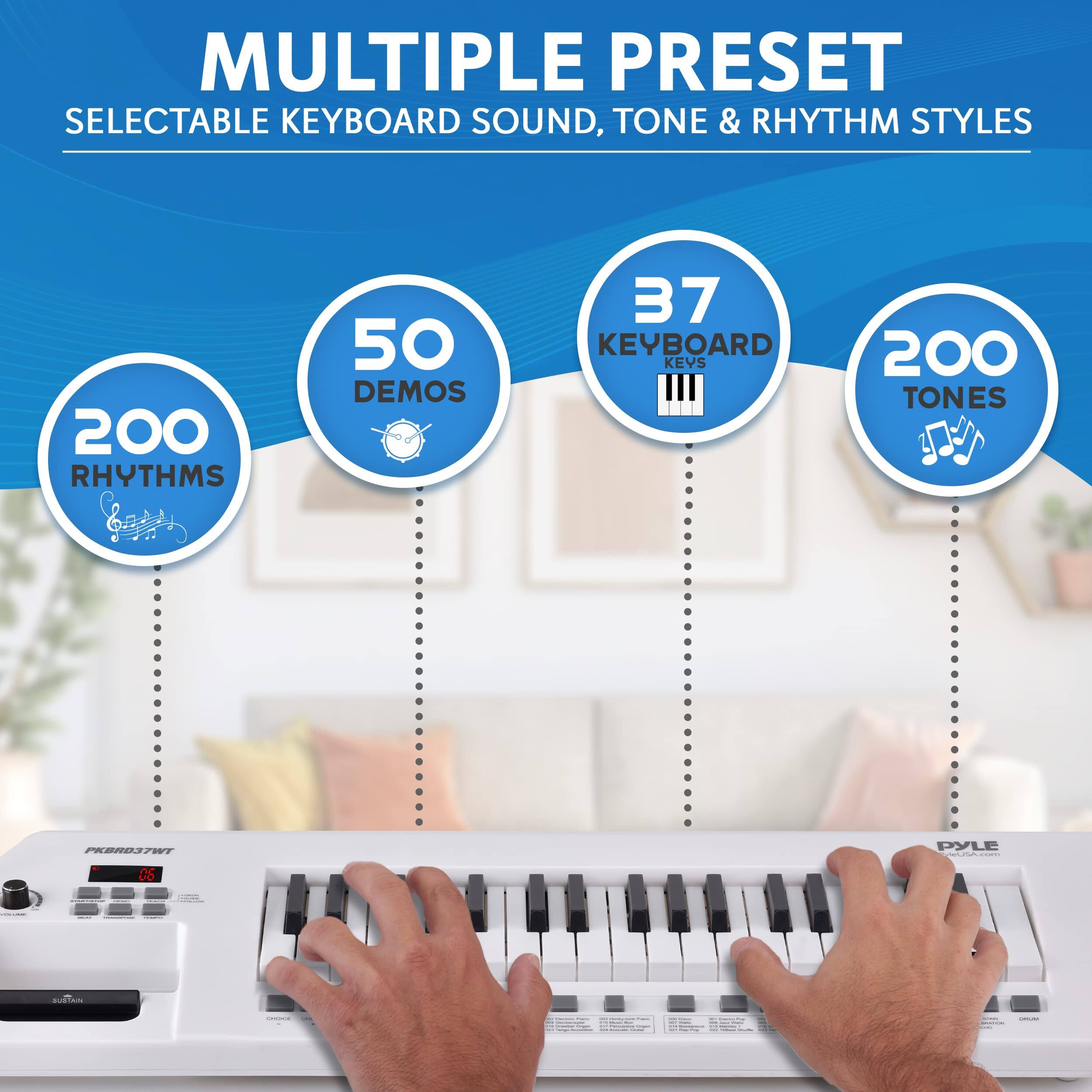 MULTIPLE PRESET SELECTABLE KEYBOARD SOUND, TONE & RHYTHM STYLES  
200 RHYTHMS  
50 DEMOS  
37 KEYBOARD KEYS  
200 TONES  

PYLE  
www.cecoo.com