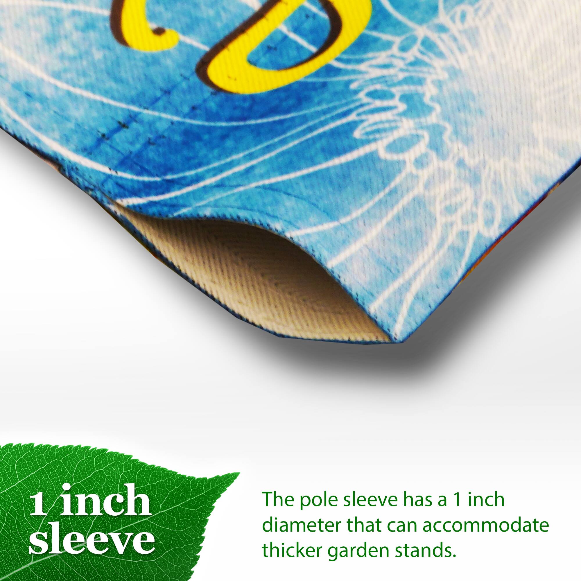 1 inch sleeve

The pole sleeve has a 1 inch diameter that can accommodate thicker garden stands.