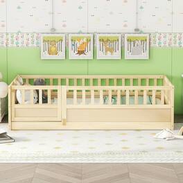 GOODSILO - Twin Size Floor Bed with Safety Barrier and Door for Children, Montessori Inspired Wooden Frame - Natural Wood