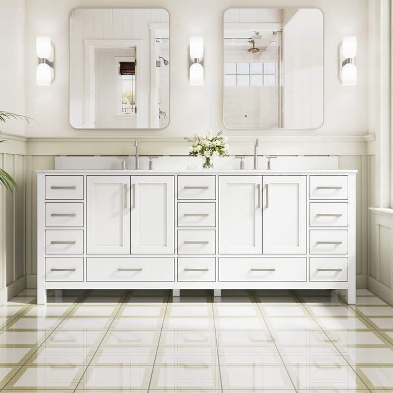 WELLFOR - 84 in Bathroom Vanity with Double Sink, Freestanding Solid Wood Bathroom Cabinet with Soft-Close 4 Doors& 14 Drawers - White price history on PriceWatchPro