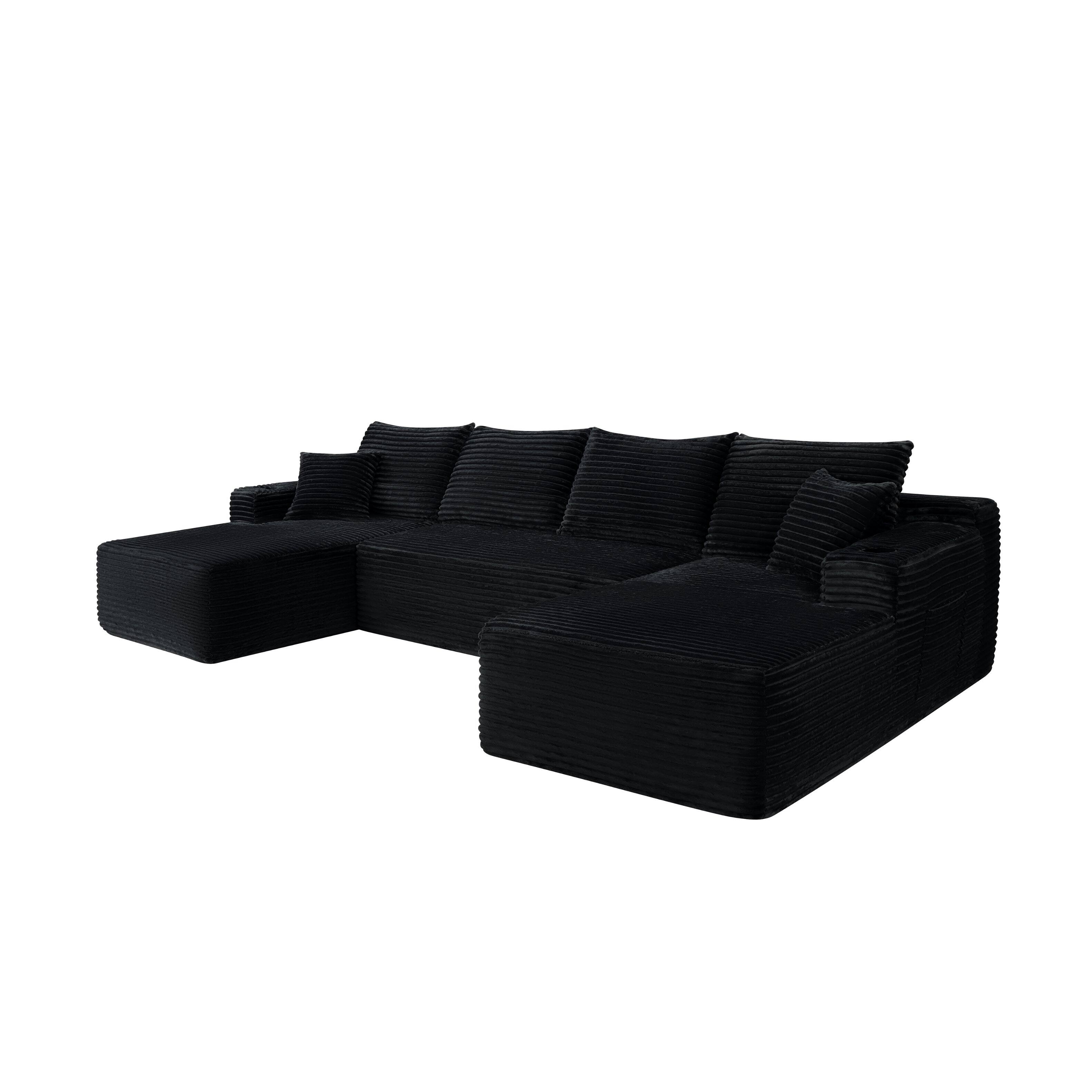 Back. Anysun - 134" Cloud Sectional Sofa, U-Shape Chaise, Side Pockets & Cup Holder, Modern Modular, Deep Seating, No Assembly - Black.