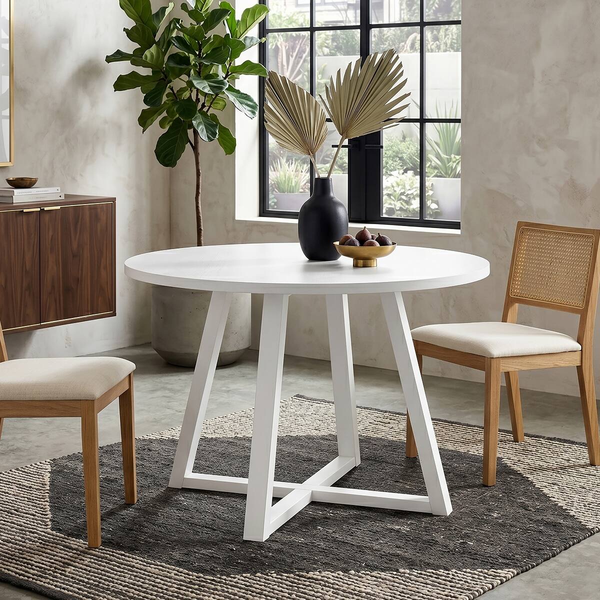 Angle. Loheer - Loheer White Round Dining Table with Trestle Base, 45 Inch Contemporary Kitchen Table - White.