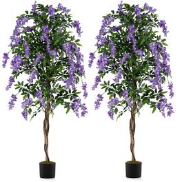 Costway - 6 FT Artificial Wisteria Tree Set of 2 with Natural Trunks Purple Lifelike Flowers - Purple+Natural+Black