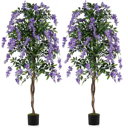 Front. Costway - Costway 6 FT Artificial Wisteria Tree Set of 2 with Natural Trunks Purple Lifelike Flowers - Purple+Natural+Black.