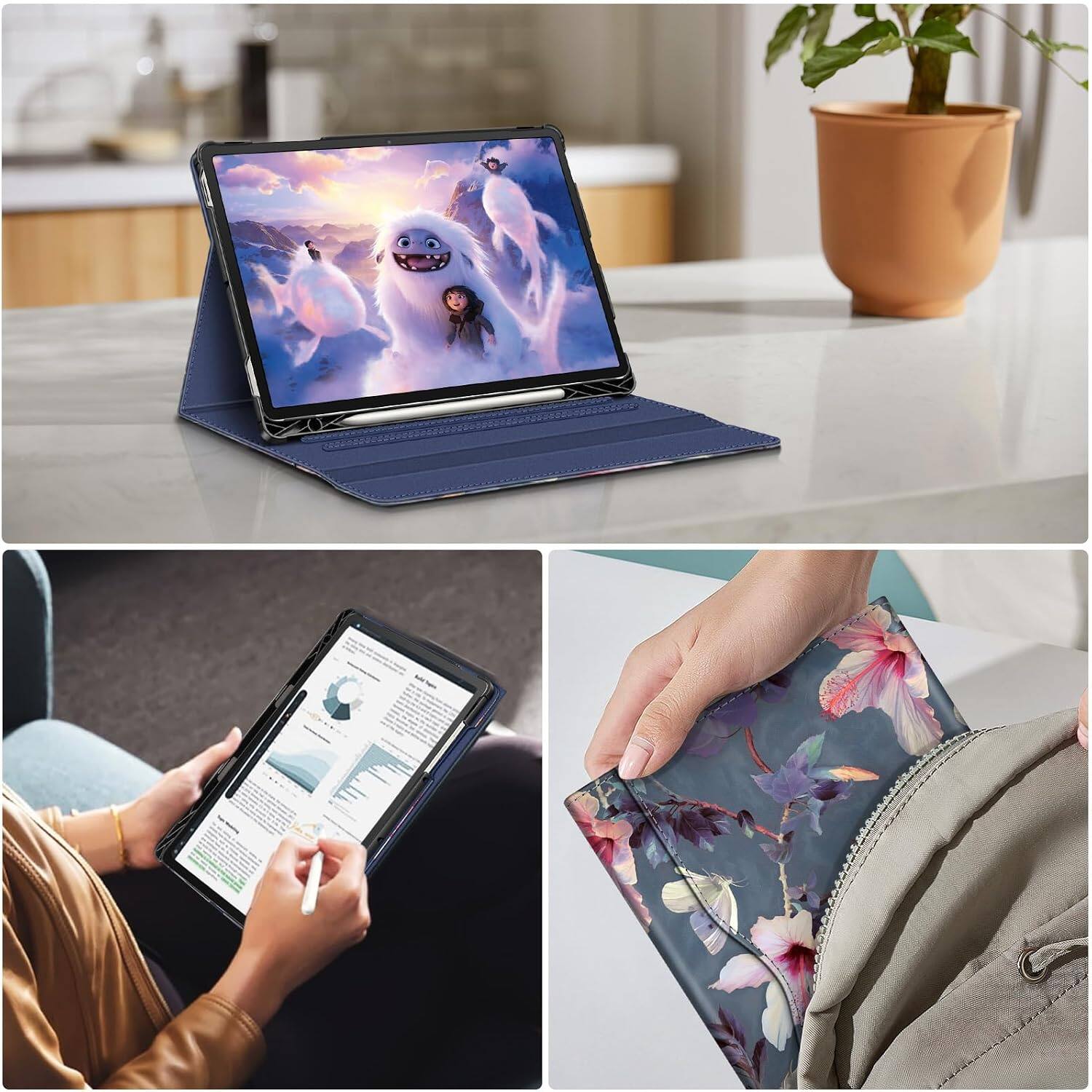 Alt View 3. Fintie - Portfolio Case for Samsung Galaxy Tab S10 Lite/ Tab S10 FE/ Tab S9 FE/ Tab S9, Multiple Angle Business Cover with Pocket - Blooming Hibiscus.