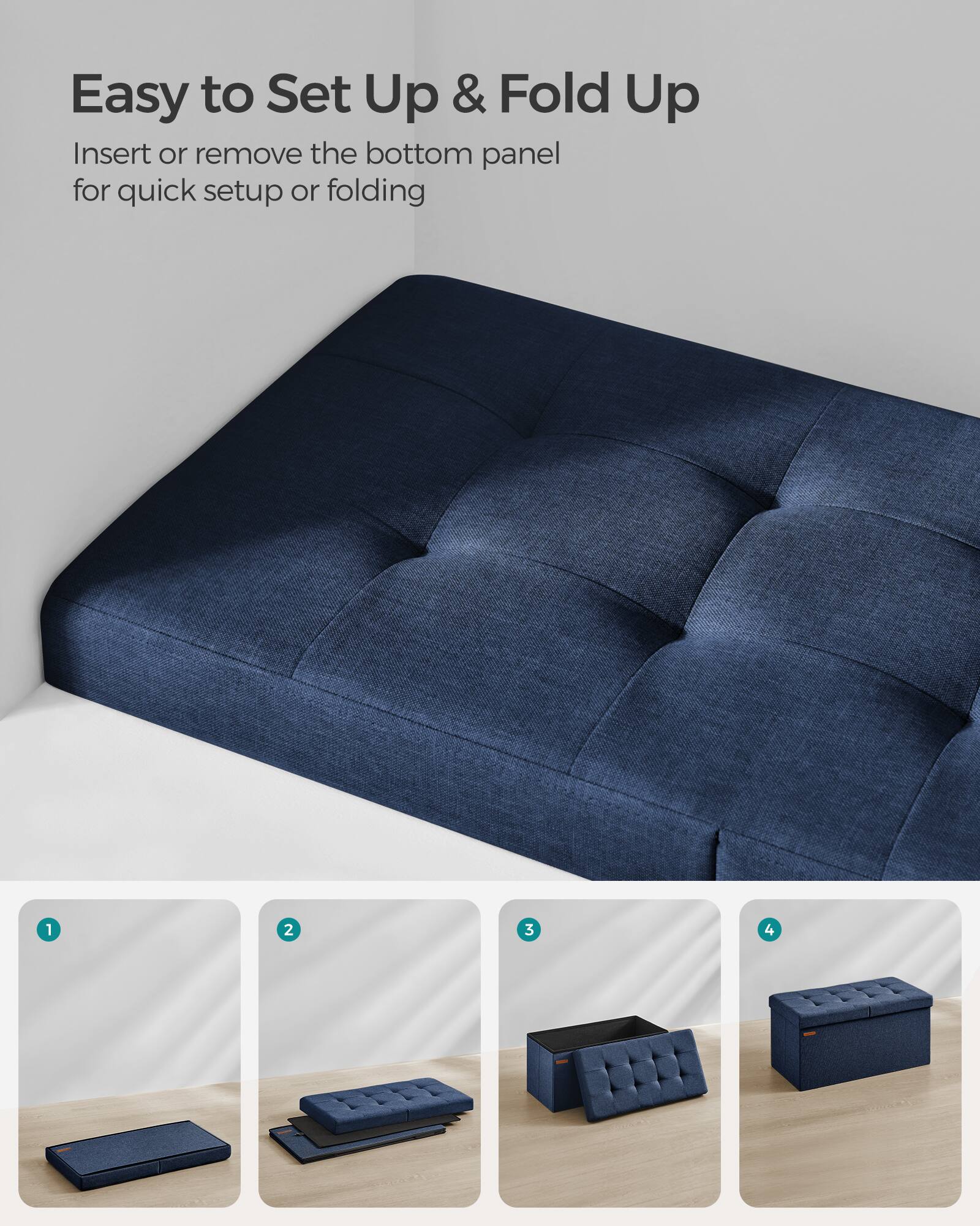 Easy to Set Up & Fold Up

Insert or remove the bottom panel for quick setup or folding

1. 2. 3. 4.